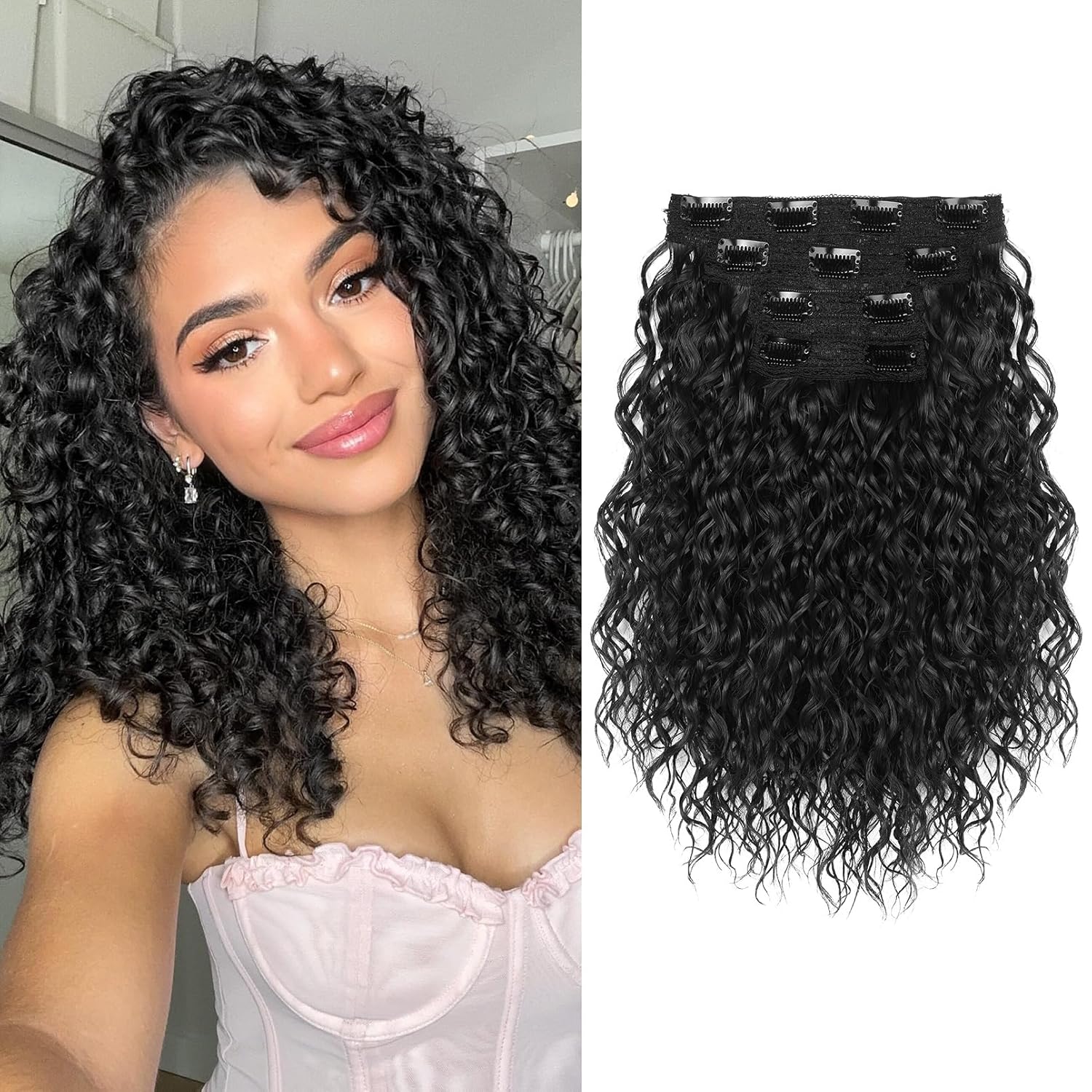 Hair Extensions, Clip in Hair Extensions 4PCS Black Hair Extension 12″ Short Curly Hair Extensions Invisible Lace Weft Natural Soft Hairpieces for Women – Black