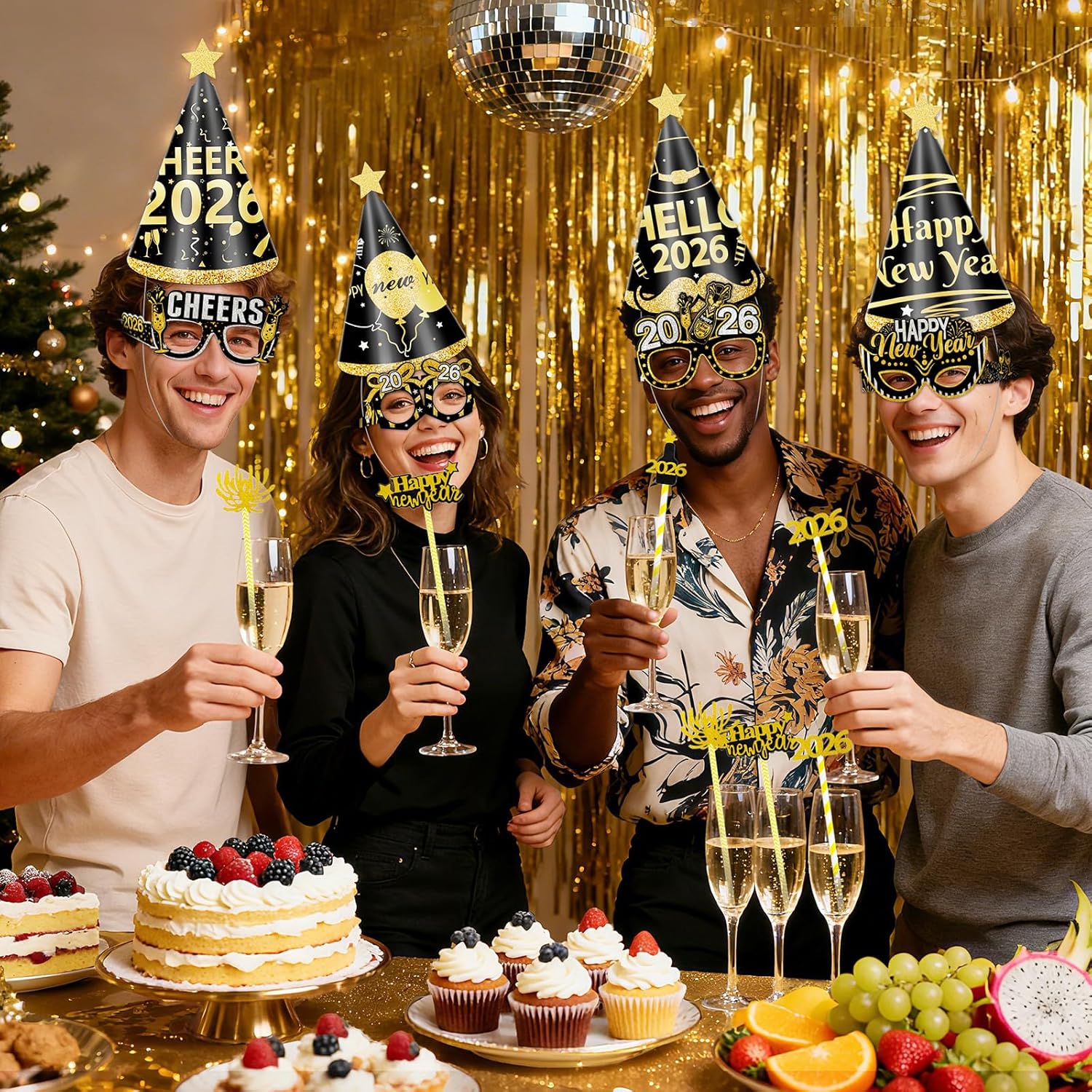 Traplace 48 PCS New Years Eve Party Supplies, Happy New Year 2026 Accessories Decorations, New Years Eye Party Decorations, Gold and Black New Year Headband, Cone Hats, Eyeglasses, Blowers, Straw - Image 7