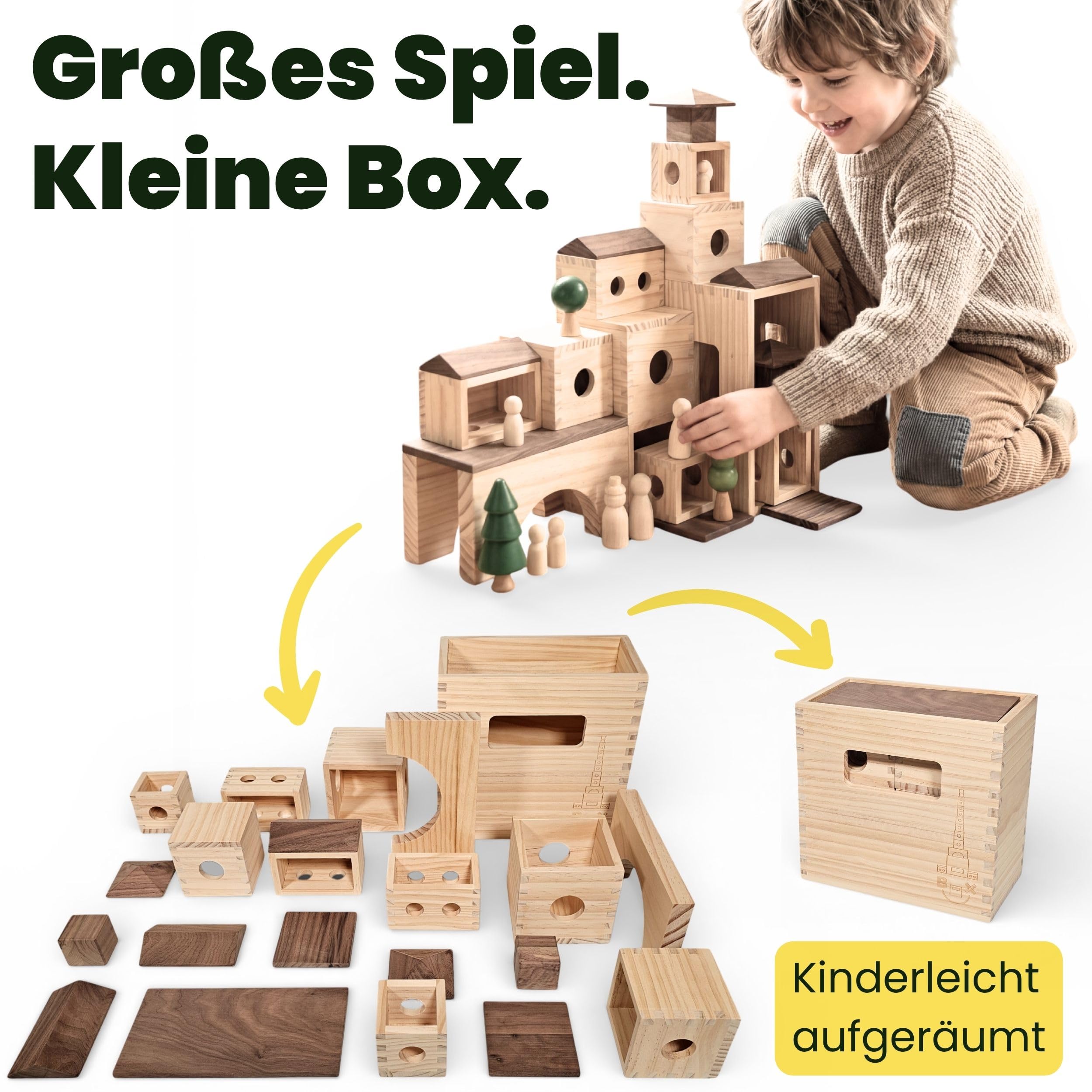 MATZBOX M-Box Montessori kreatywna zabawka z drewnianych klocków – rosnąca wraz z nimi drewniana zabawka premium od 1 do 7 lat – wszechstronne drewniane klocki i pudełka do swobodnej zabawy – trwały