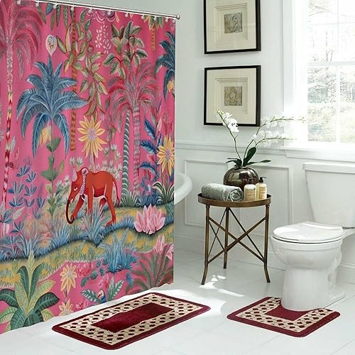 Miniatura 1077 de Cortinas de ducha de baño con ganchos, 72 x 92 pulgadas, cortina de ducha de tela impermeable con diseño de flores y pájaros, cortina de ducha