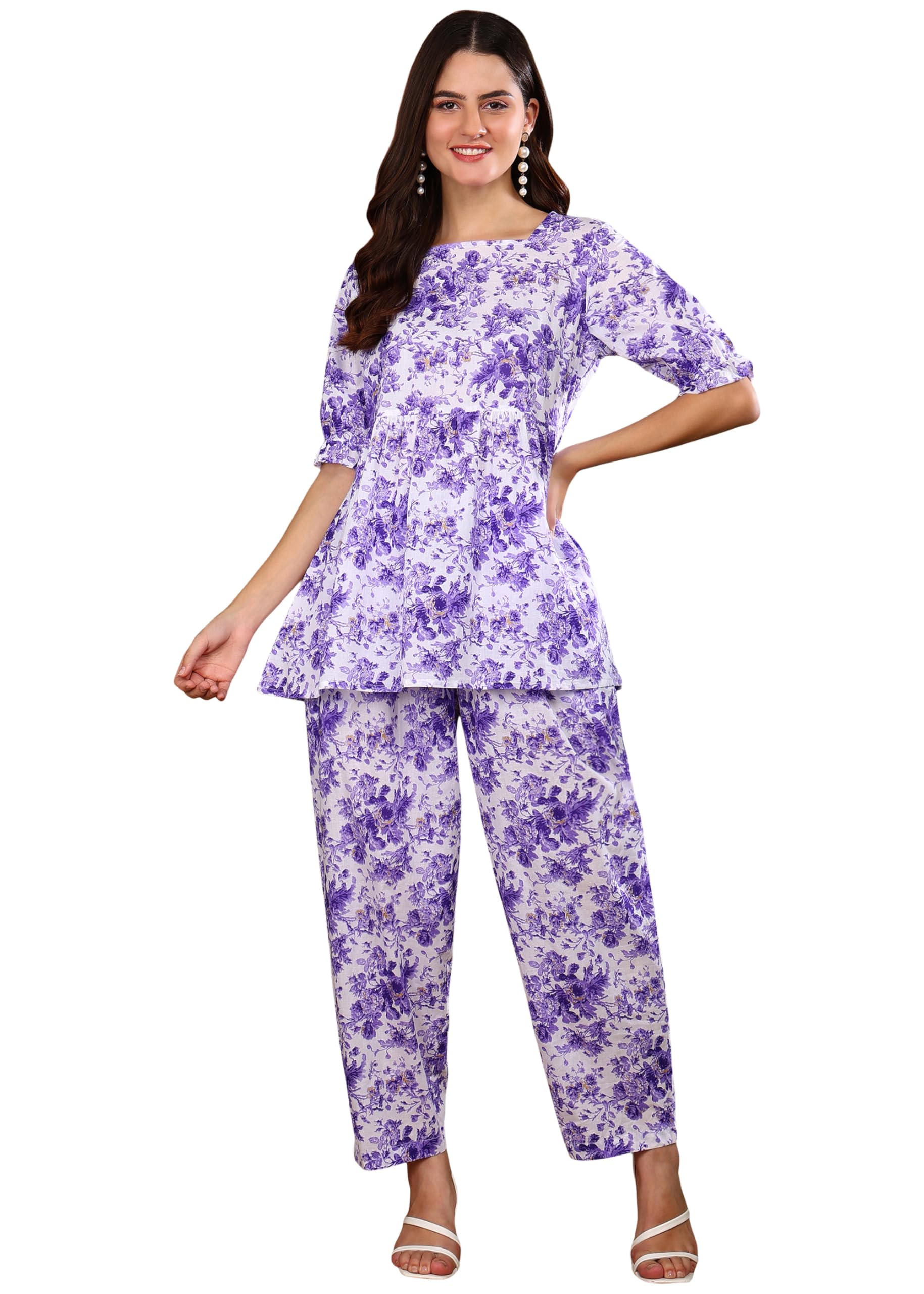 yash gallery Women's Cotton Floral Printed Square Neck Puff Sleeve Co-ord Set | Peplum Top and Pant Set | Short Kurti Set for Women-picture-42