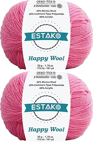 Estako Happy Wool (paquete de 2 madejas) 40% lana merino, 20% cachemira tipo poliamida, 40% acrílico, peso suave, hilo de punto y ganchillo (2 x