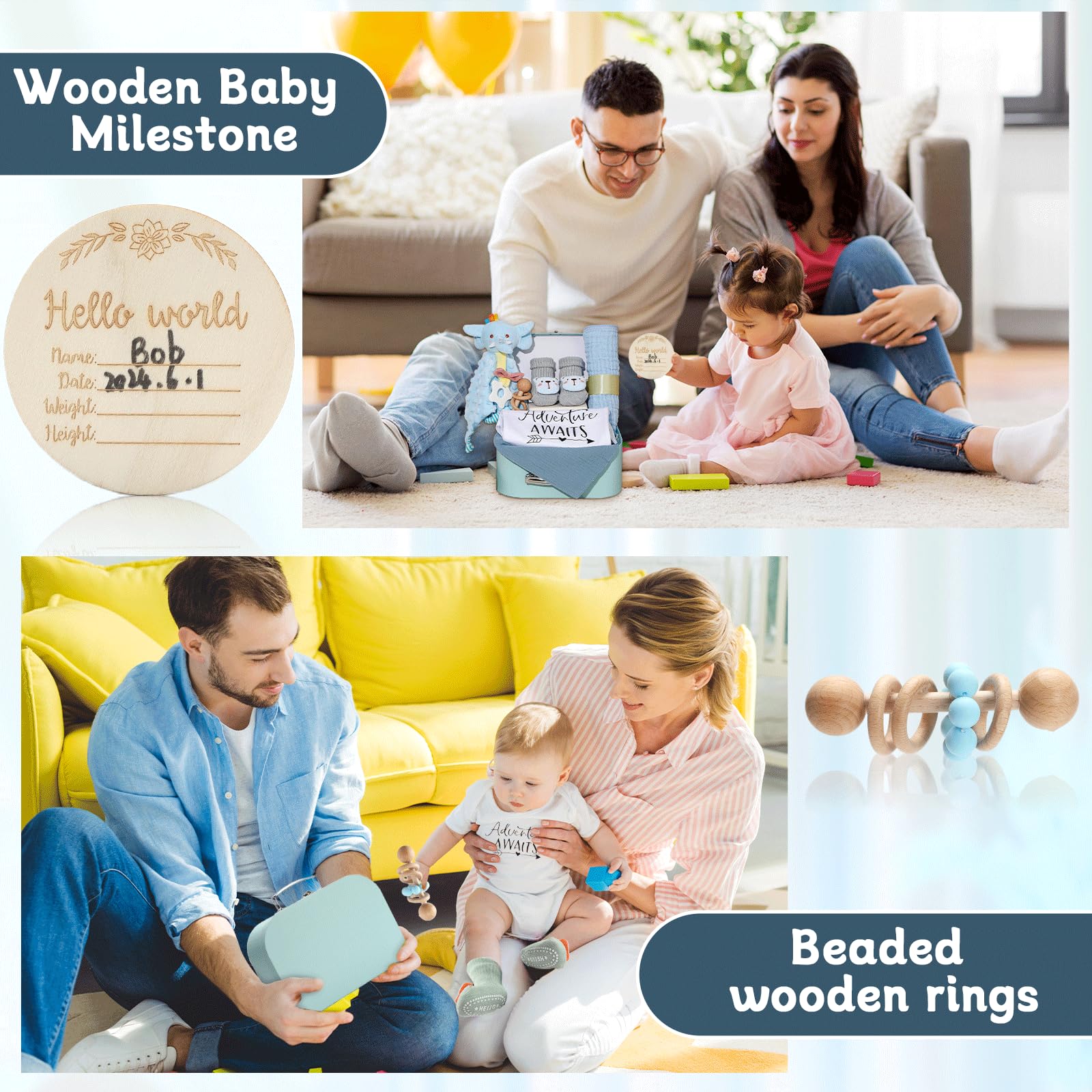 Juego de regalo para bebé, cesta de regalo para recién nacidos, recién nacidos, juego de regalo para bebé, cesta de regalo azul con sonajero, toalla de muselina, manta de seguridad, regalos de
