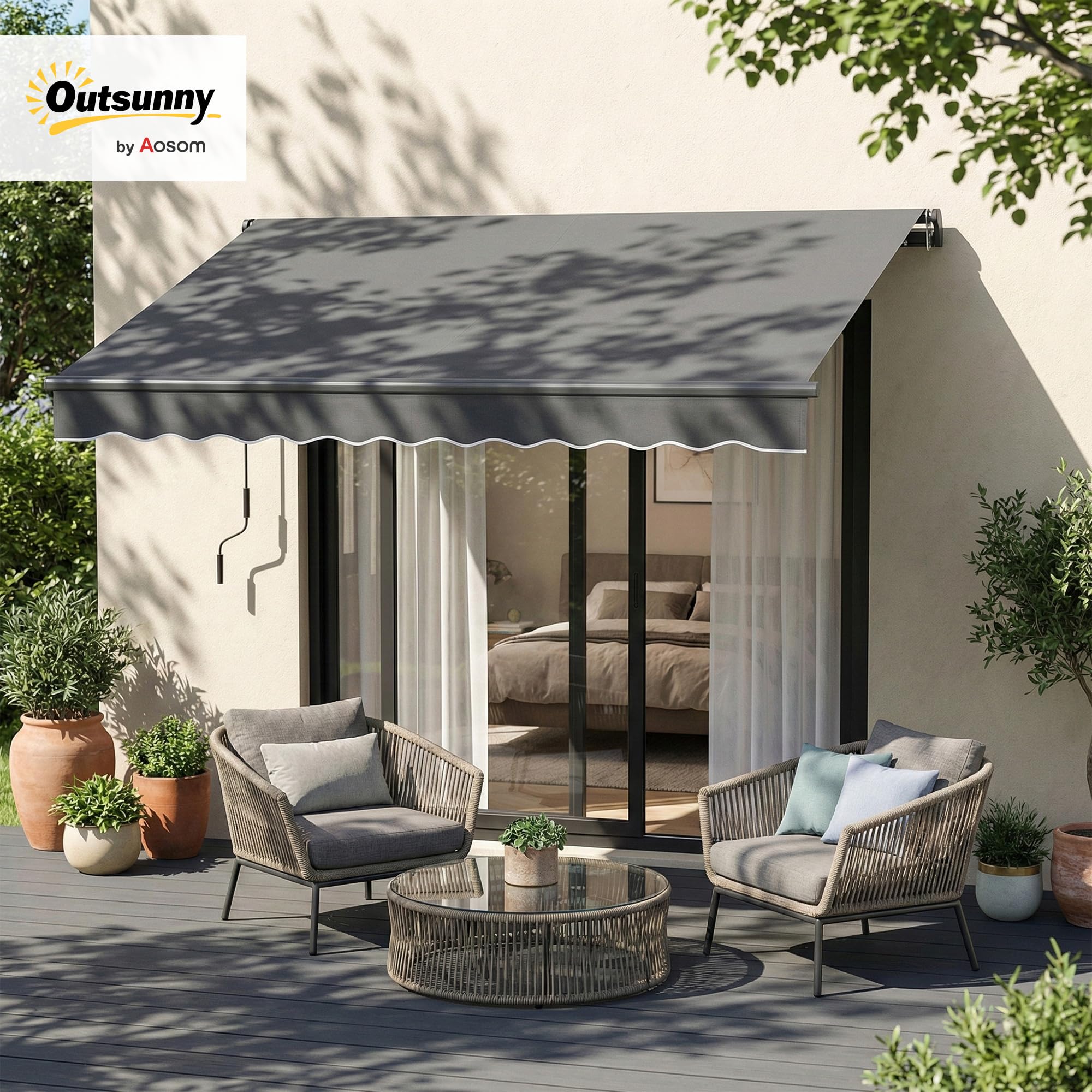 Outsunny Store banne Manuel 3,5x3m, auvent rétractable Inclinaison réglable, manivelle, Aluminium et Polyester 280 g/m² Protection UV résistance à l'eau, pour Patio, Balcon, terrasse, Gris foncé