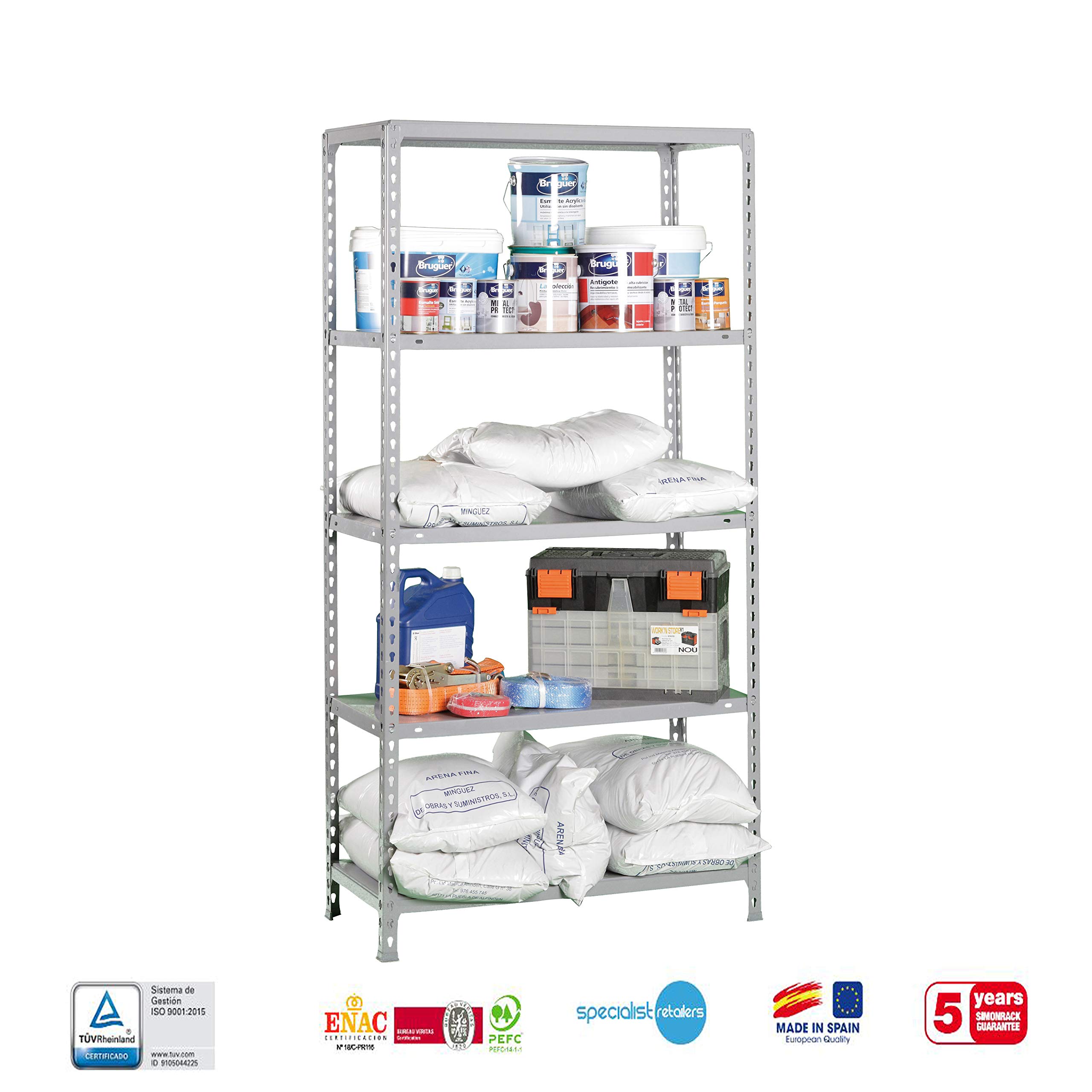 Simon Rack Estantería Metálica, 180x90x40 cm, 5 Alturas, Bandeja Metal, 70 kg de Punto Flexión, Estanterías Almacenaje, Galvanizado - Ecoclick