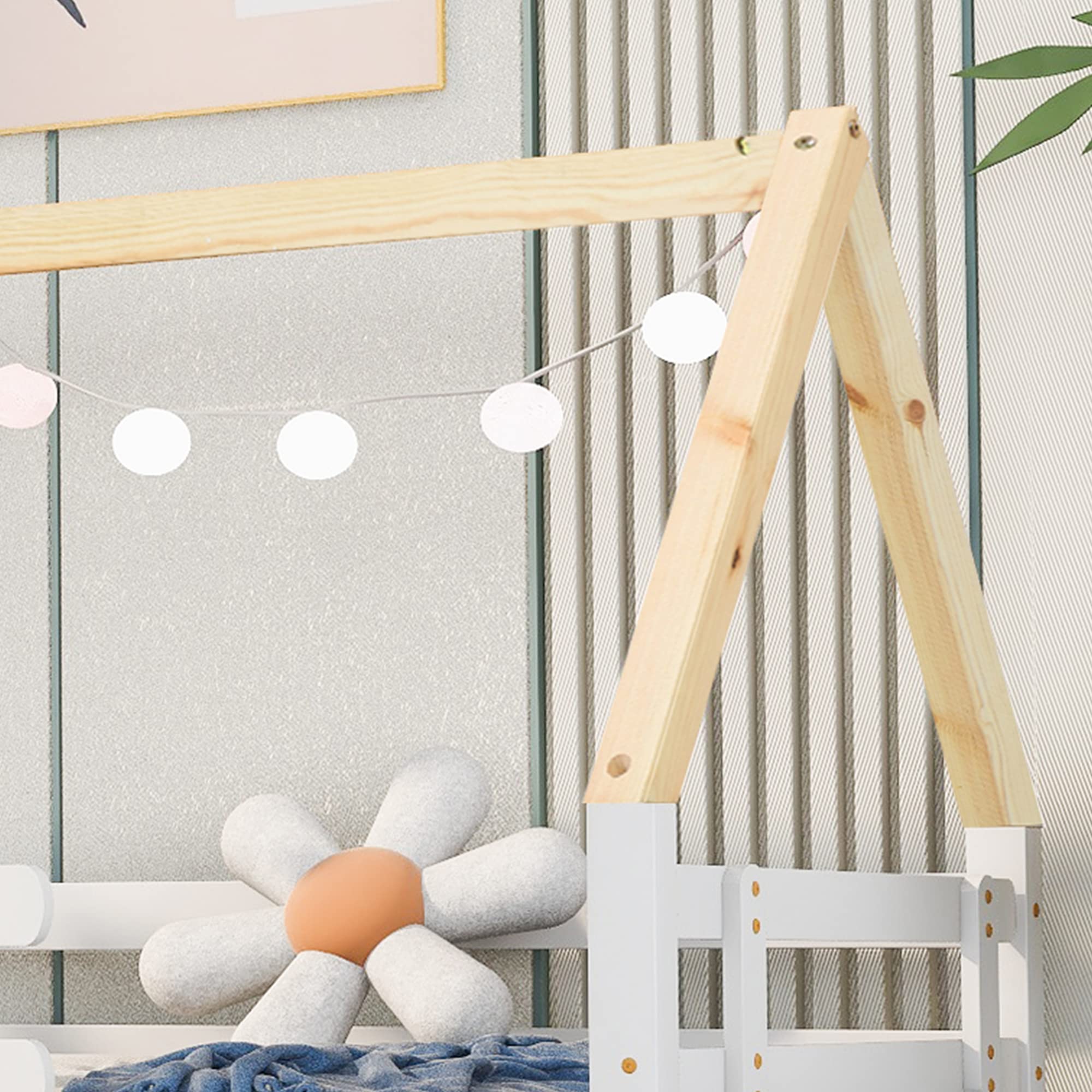 Cama infantil extraíble y deslizante con ruedas, madera maciza blanca, silla de techo natural (200 x 90 cm)