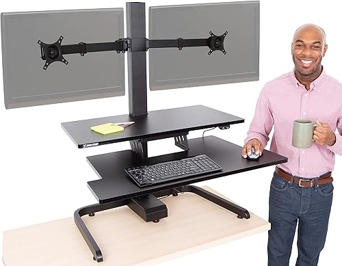 Stand Steady Techtonic Escritorio eléctrico de pie con soporte para monitor de 2 brazos convertidor de escritorio de pie con bandeja para teclado