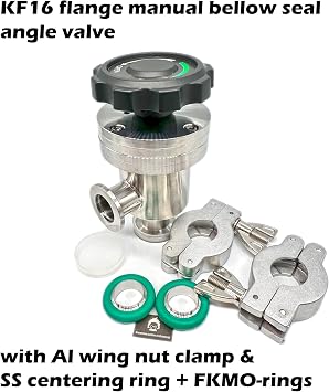 Manual Right Angle Valve, Bellow Seal, KF16 Flange, Stainless Steel Body, Globe Valve, Vacuum Angle Valve, Silver