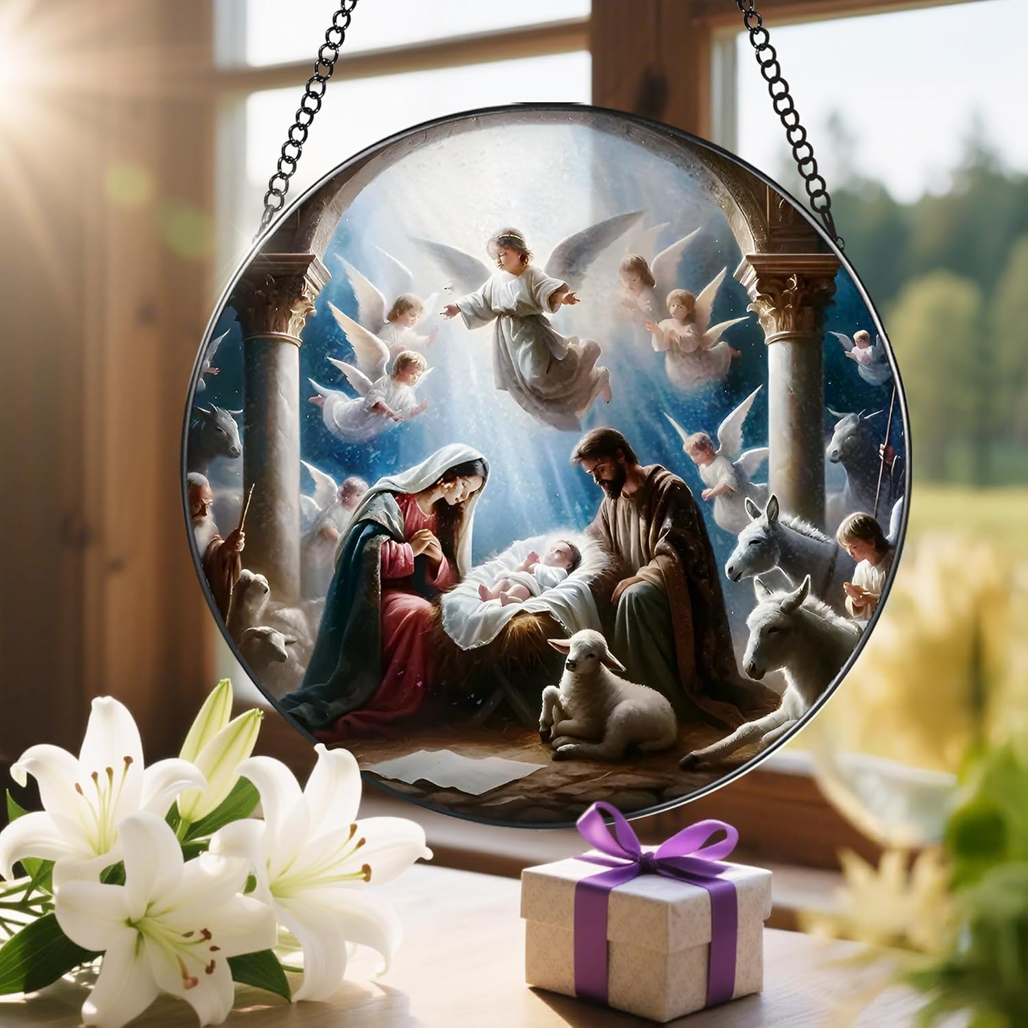 Stained Glass Window Hanging, LAOWEIKI 8'' Nativity Scene Suncatcher, Stained Glass Ornament, Nativity Scene Window Decor, Outdoor or Indoor, Christian Gifts, Religious Gifts for Women - Image 6