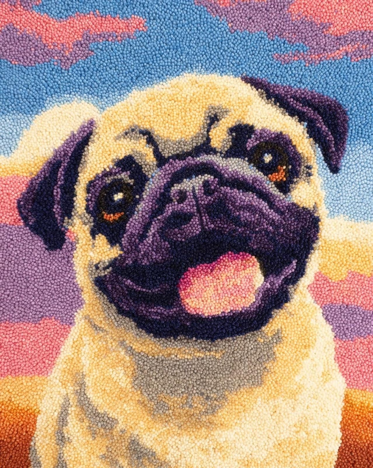 Wallphantom DIY Latch Hook Rug Kit,Happy Pug,Latch Hook Kits for Adults,Home Carpet Rug Making,Needlework Crafts Rug for Home Decor,60x90cm