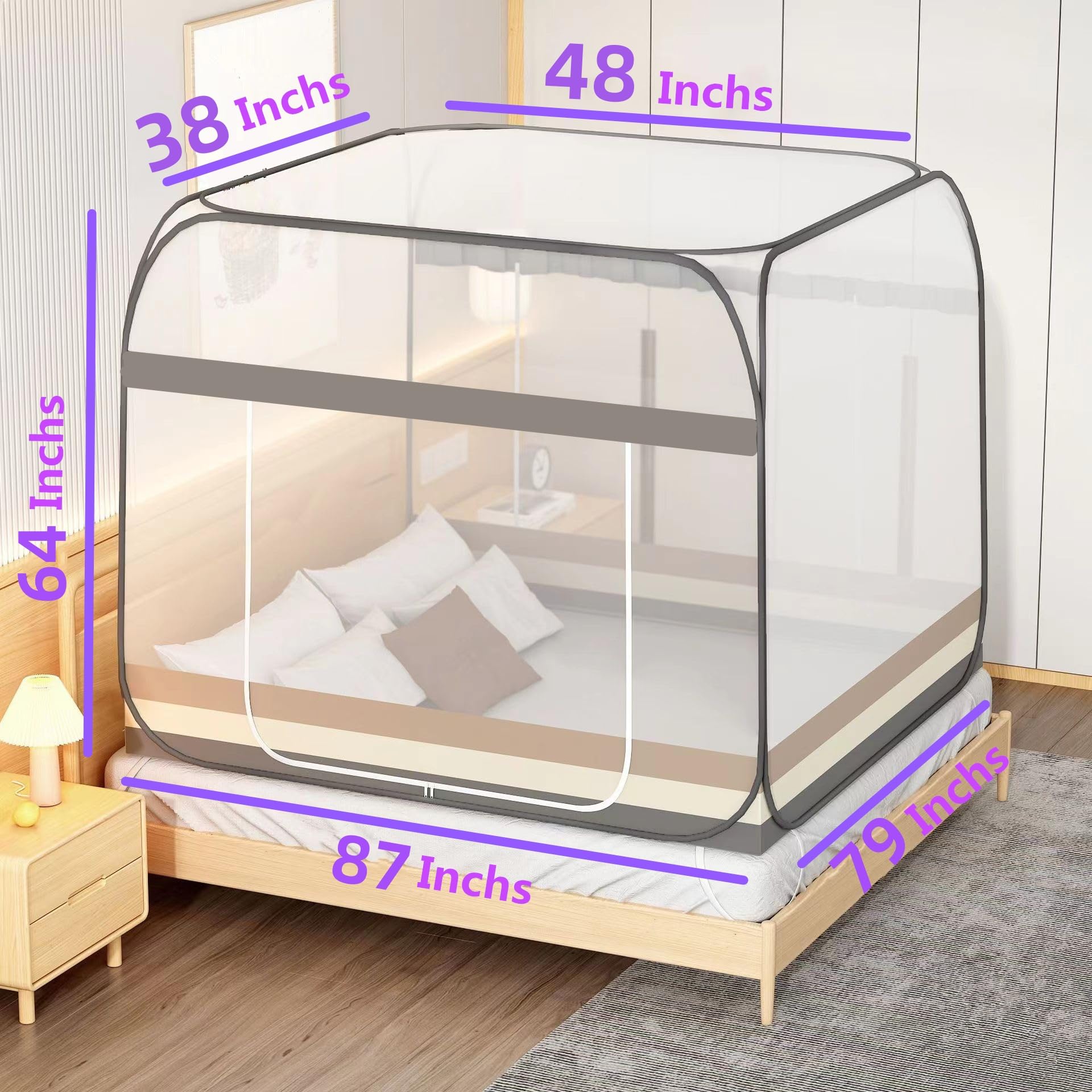PARFINER Mosquitera desplegable para Patio, Cama, Tienda de campaña tamaño King, mosquitera portátil con Malla Inferior para Exterior o Interior (Gris)