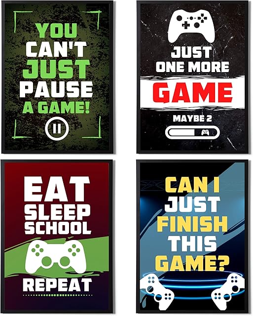 4 Pack Boys/Mens Video Gaming Theme Wall Art Prints With Relatable Sayings, Funny Set of 4 Stylish Design Gaming Poster For Kids Boys Bedroom
