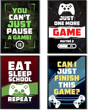 4 Pack Boys/Mens Video Game Wall Art Prints - Funny Set of 4 Stylish Design Posters For Kids Boys Bedroom A4, Gaming Set 1