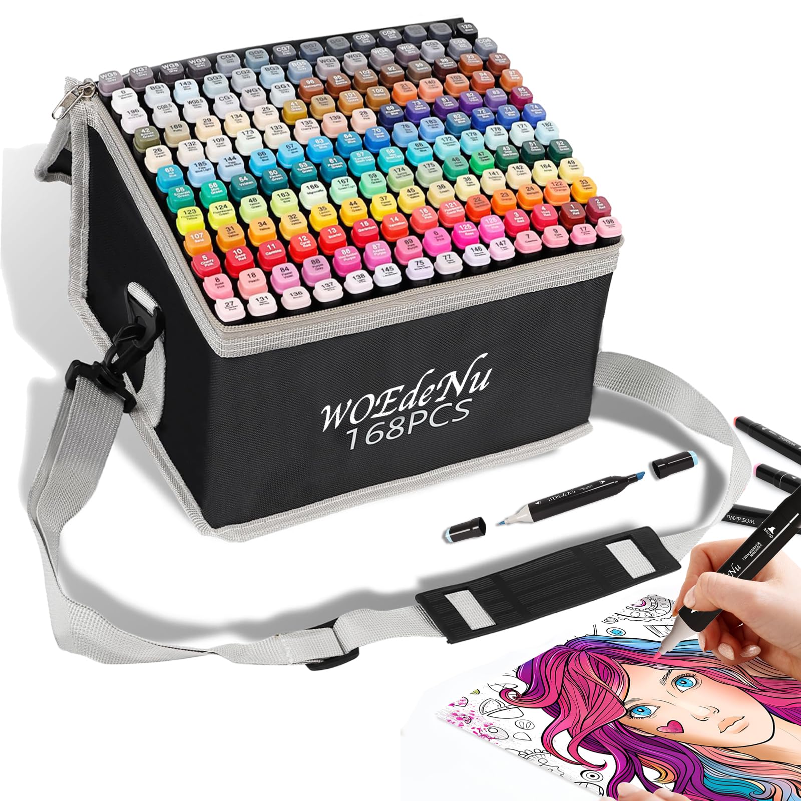 WOEDENU 168 Colored Marker Set, Colouring Pens for Adults, Dual Tip Art Markers, Felt Tip Permanent Pens for Drawing, Colouring Books, Anime and Manga with Carrying Case and Storage Base