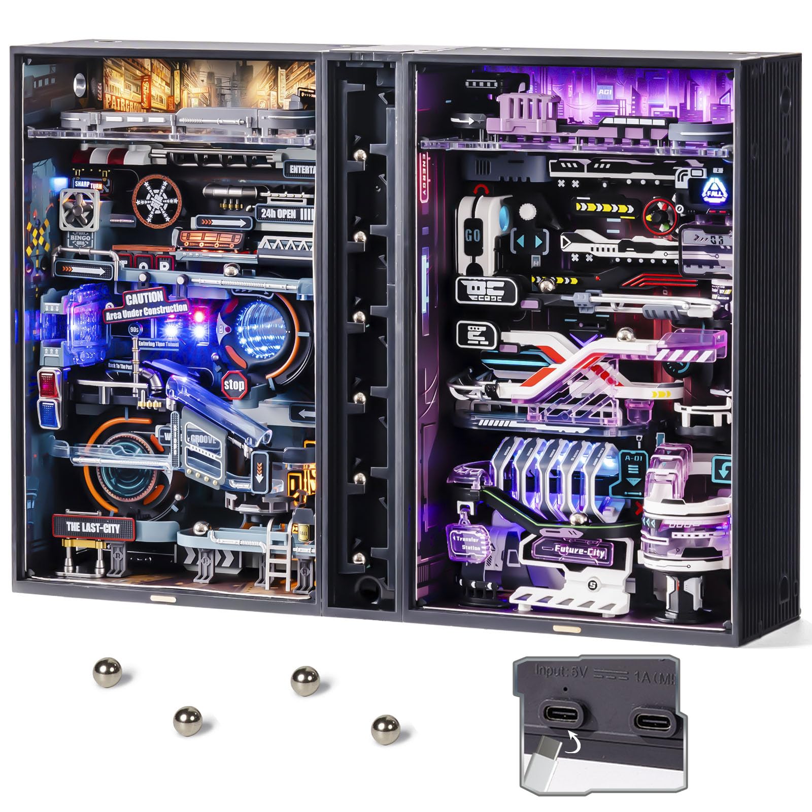 ROBOTIME Zestawy modeli puzzli 3D: DIY Marble Run Model Building dla dorosłych do zbudowania z oświetleniem LED Techniczne rękodzieło puzzle biurko gamingowe, ostatnie miasto i przyszłe miasto MRX01