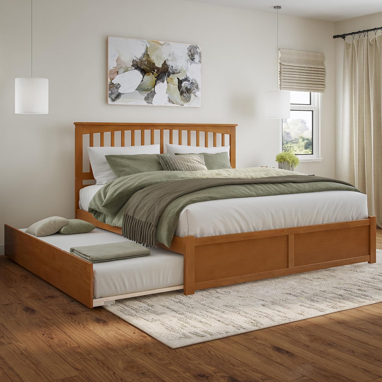 AFI, Mission King Platform Bed with Footboard & Twin XL Trundle, Light Toffee