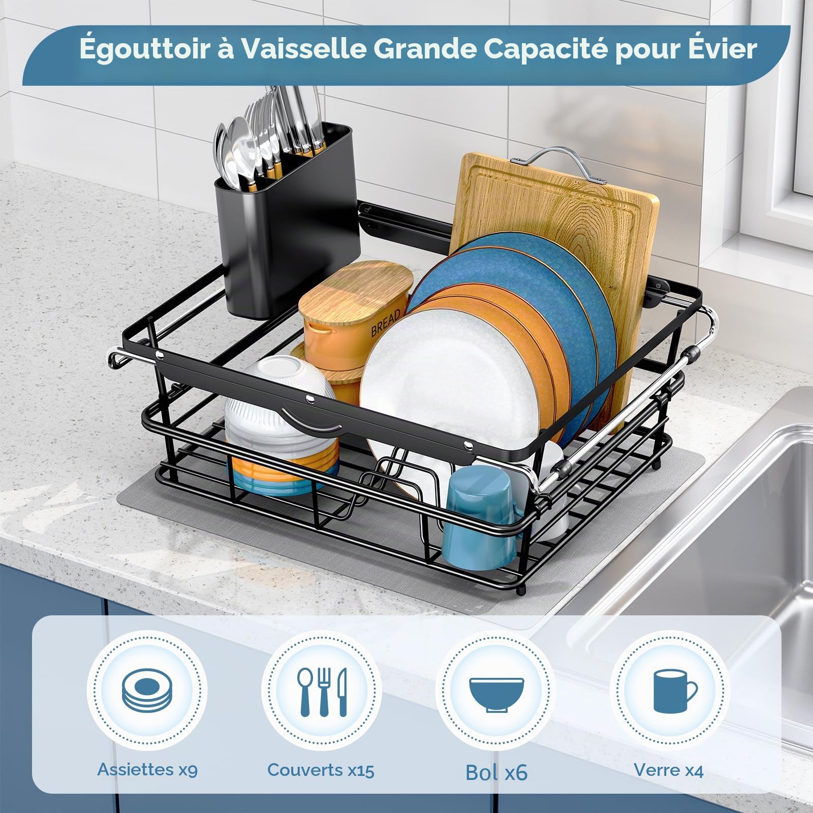 Dish Draining Board - Large Capacity Dish Drainer in the Sink, Extendable Drainer with Utensil Holder for Kitchen Countertop, 97-56.7 x 32.8 x 15.5 cm
