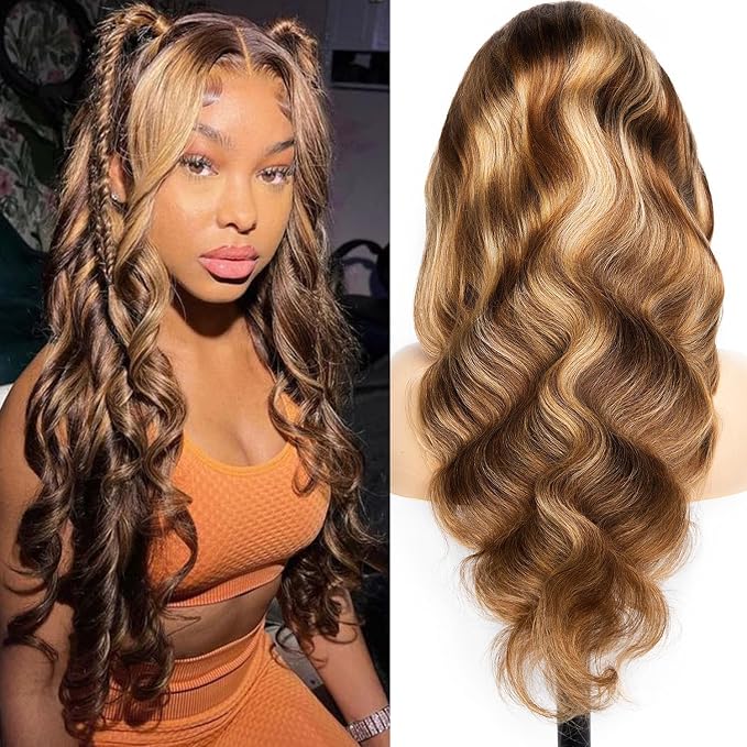 #4/27 Ombre Highlight Lace Front Wigs Human Hair Pre Cut 5X5 Glueless Honey Blonde Body Wave Wigs for Women Pre Plucked with Baby Hair Lace Closure wig 200% Density （34inch）