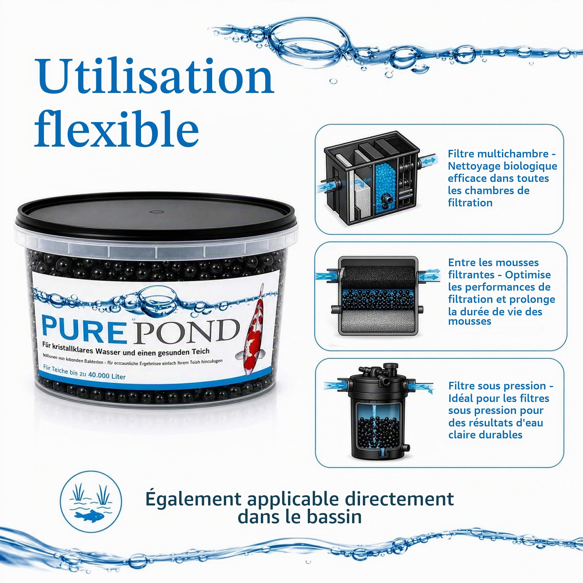 Evolution Aqua Pure Pond 2000 ML - pour 40000 litres - bactéries et enzymes - pour Filtre Eau Filtration Entretien Bassin Aquarium - régulation des valeurs Ammoniac et Nitrite - aquariophilie