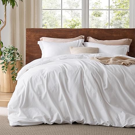 Bedsure 100% Washed Cotton Duvet Cover King - Bright White Minimalist Duvet Cover Linen Like for All Seasons - GentleSoft™ Plain Simple Cotton Bedding, 3 Pieces (Bright White, King, 104"x90")
