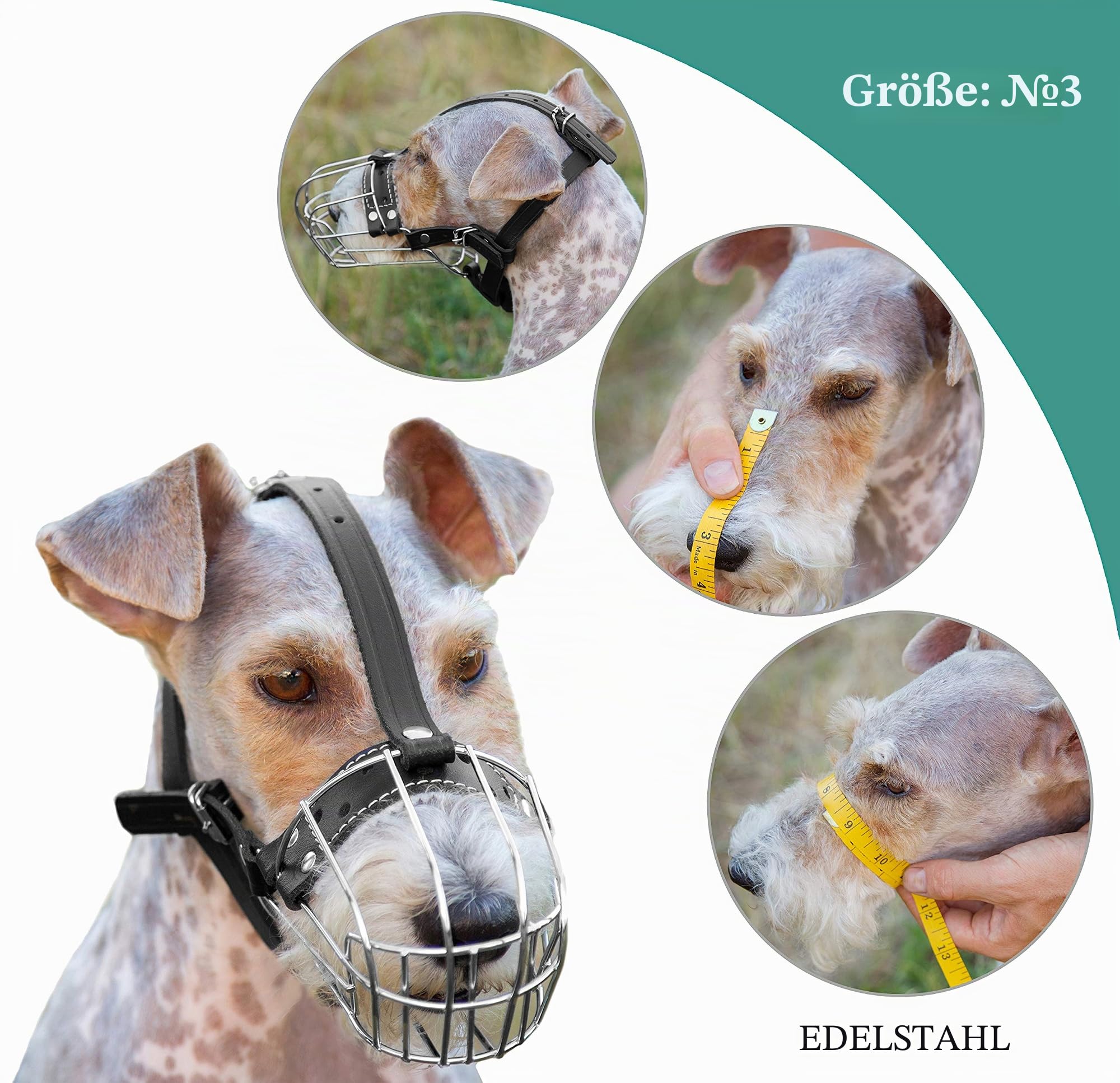 Hundemaulkörbe aus verchromtem Metall, verstellbare Lederriemen (Nr. 3). Der Umfang beträgt 19,8–23,8 cm, die Länge beträgt 8,3–9 cm