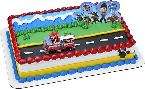 Miniatura 4 de DecoSet Paw Patrol Just Yelp para decoración de pastel de ayuda, decoraciones de 2 piezas con Marshall en camión de bomberos y fondo para divertirse