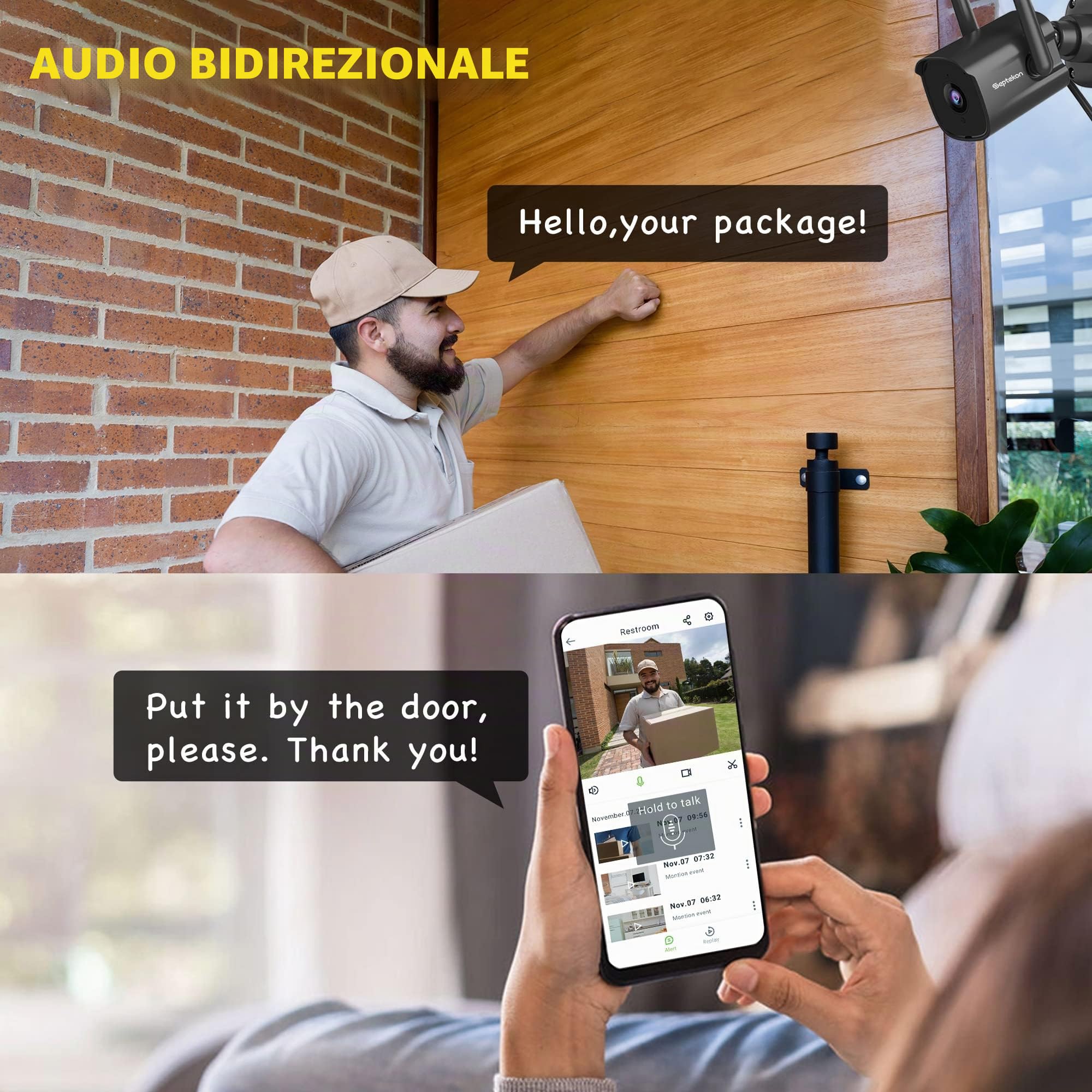 Septekon Telecamera di sicurezza esterna, 1080P doppia antenna WiFi telecamera di sorveglianza domestica con IP66 impermeabile, visione notturna, rilevamento del movimento AI, audio a 2 vie, nero,P30