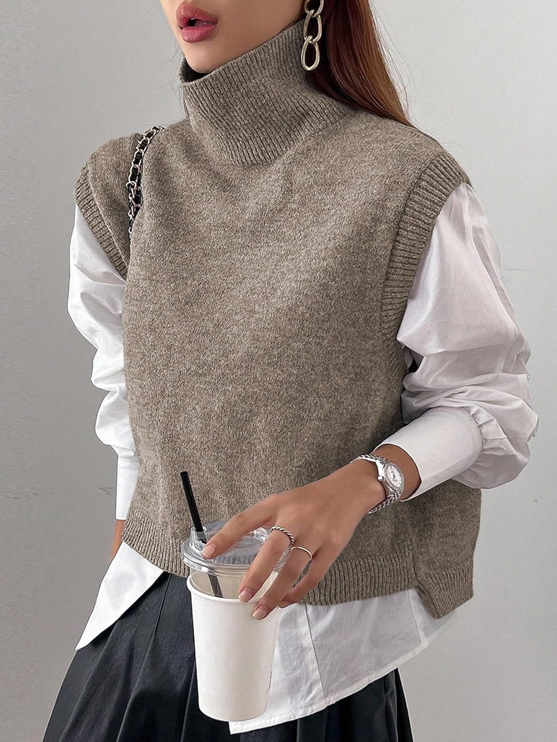 Women Fall Trendy High Neck Crop Sweater Vest Without Blouse Winter Sweater Vest Top