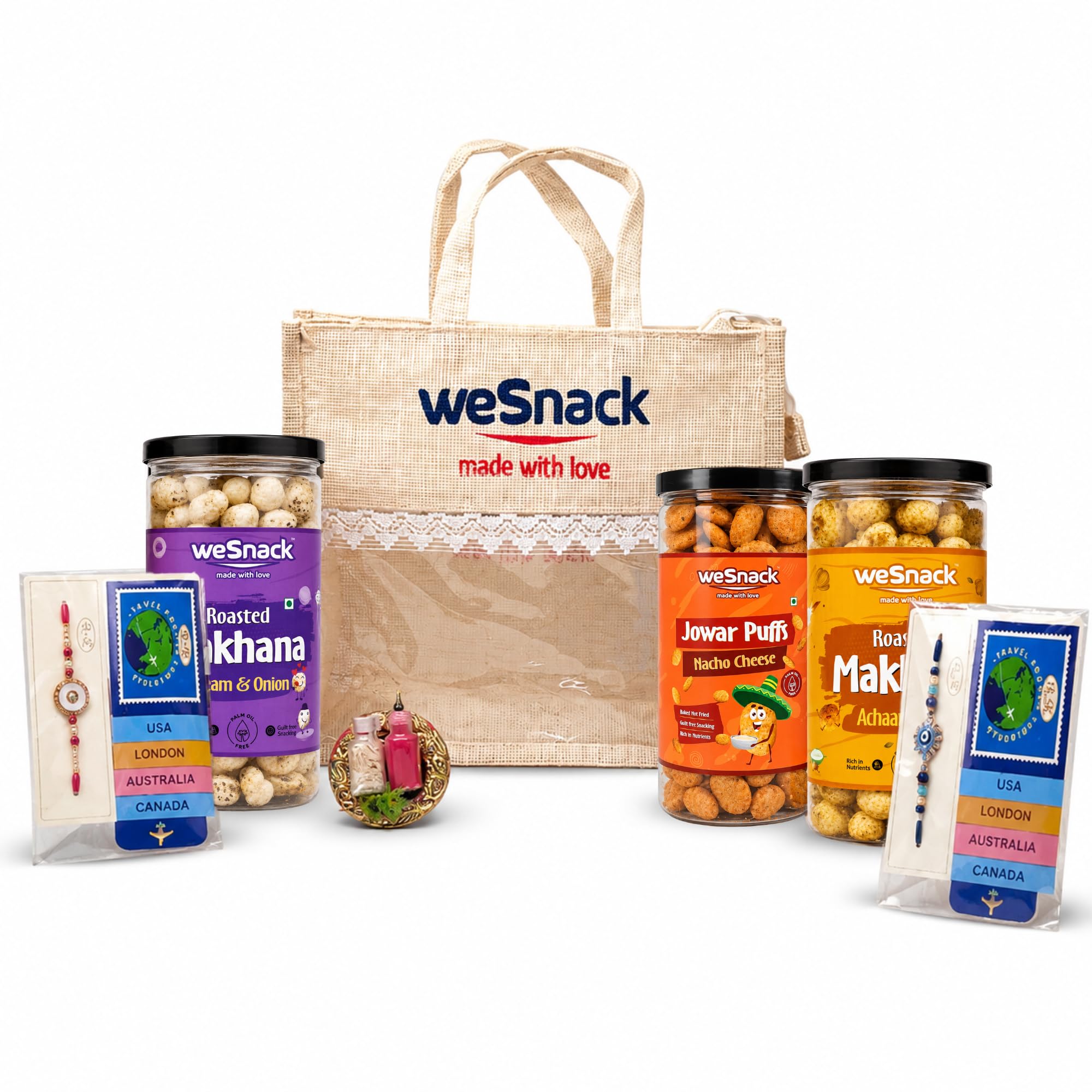Wesnack Rakhi Gift Combo | Aachari Tadka Makhana + Cream & Onion Makhana + Nacho Cheese Jowar Puffs | Healthy Roasted Snacks | Includes Designer Rakhi | Festive Gift Hamper-image-49