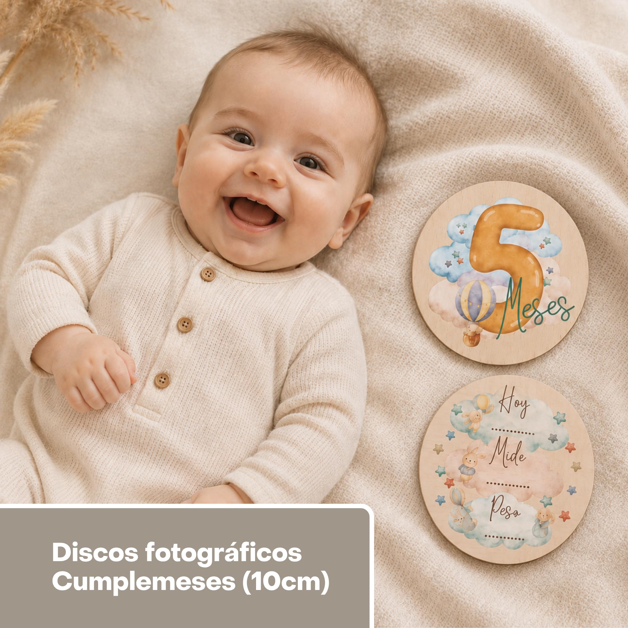 Canastilla Bebé Recién Nacido Personalizada Peluche (Beige) | Canastilla personalizada con manta coralina, peluche conejito, gasa bordada, set cepillo y peine y marco nombre.