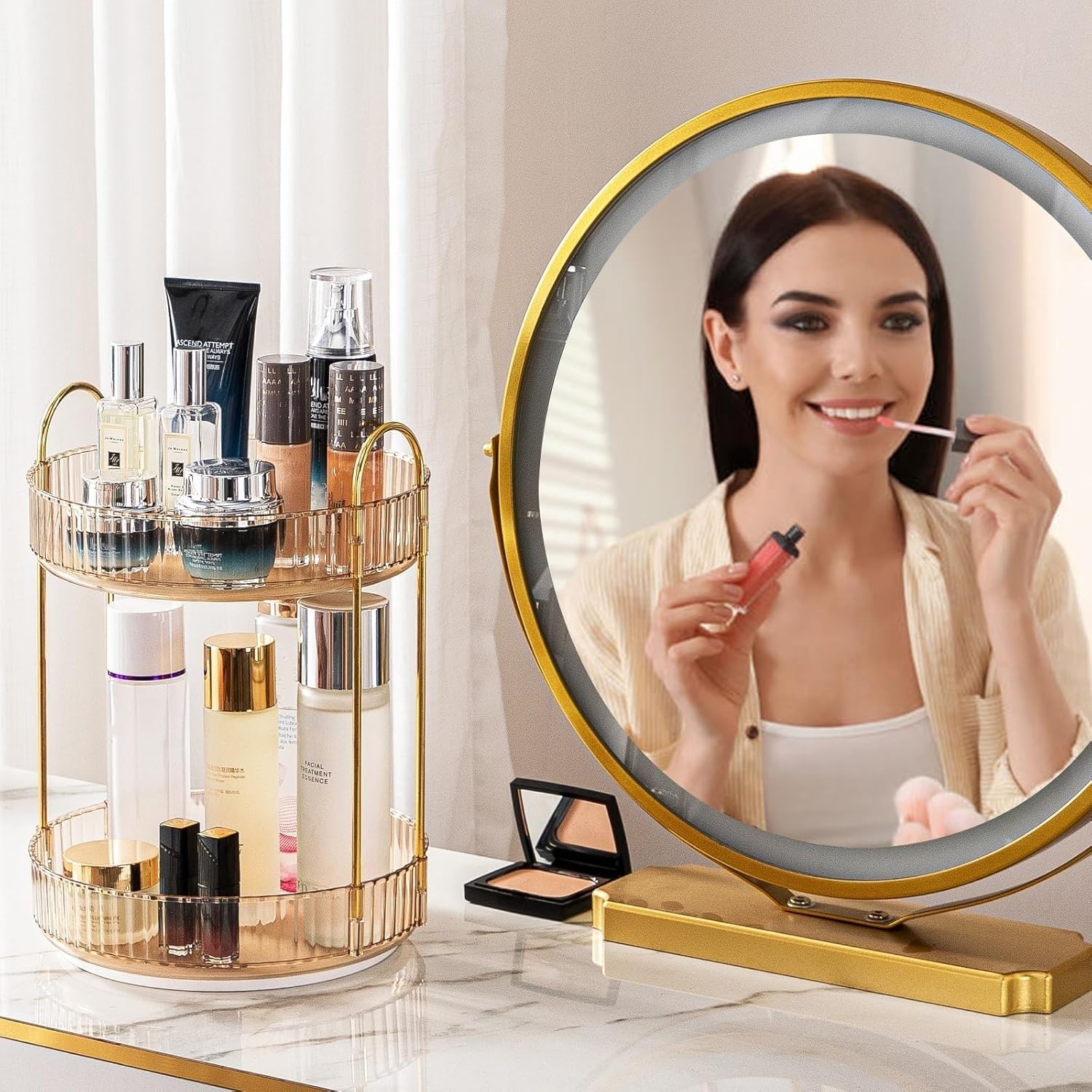 Organizzatore di Trucco Rotante a 360°, Organizzatore di Cosmetici ad Grande Capacità, Organizzatore di Profumi, Organizzatore Della Cura Della Pelle per Bagno (2 Strati, Ambra)