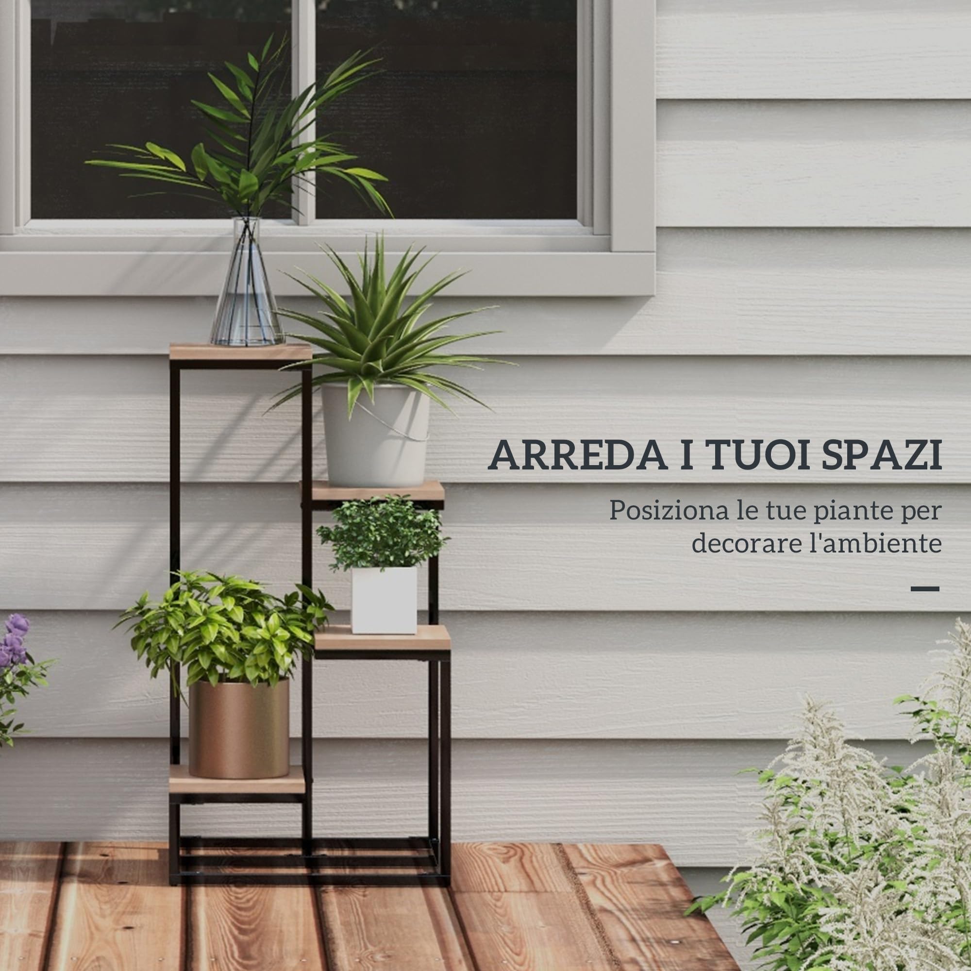 Outsunny Portapiante a 4 Livelli Interni Esterni 40x40x75.5 cm Marrone Nero | Scaffale Porta Fiori e Vasi, in Acciaio e Legno