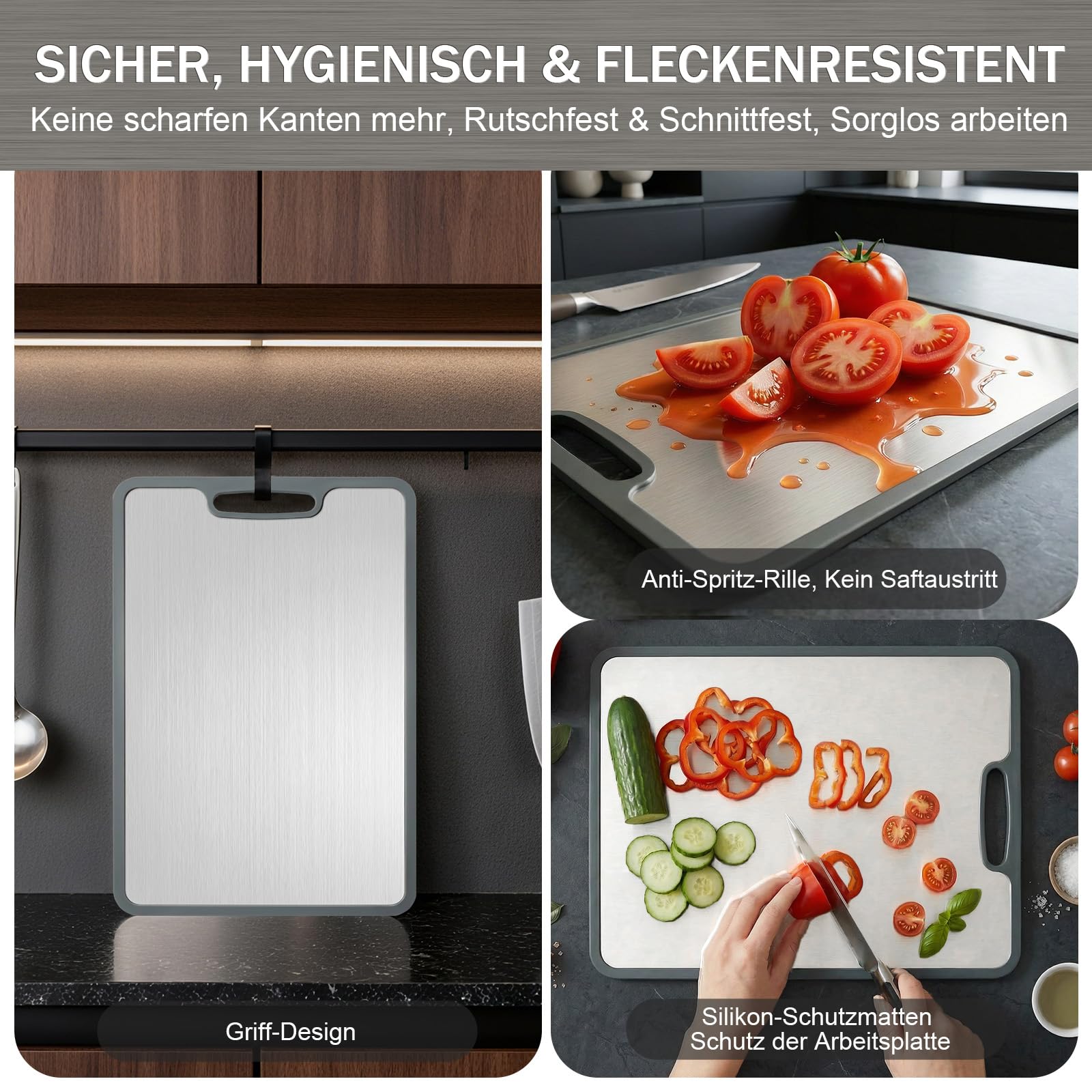 3 Stück Schneidebrett Titan Set, Schneidebrett Edelstahl mit Rutschfesten | Silikonecken Doppelseitiges & BPA Frei, Stainless Steel Cutting Board für Gemüse Fleisch Obst Brot Fisch Käse