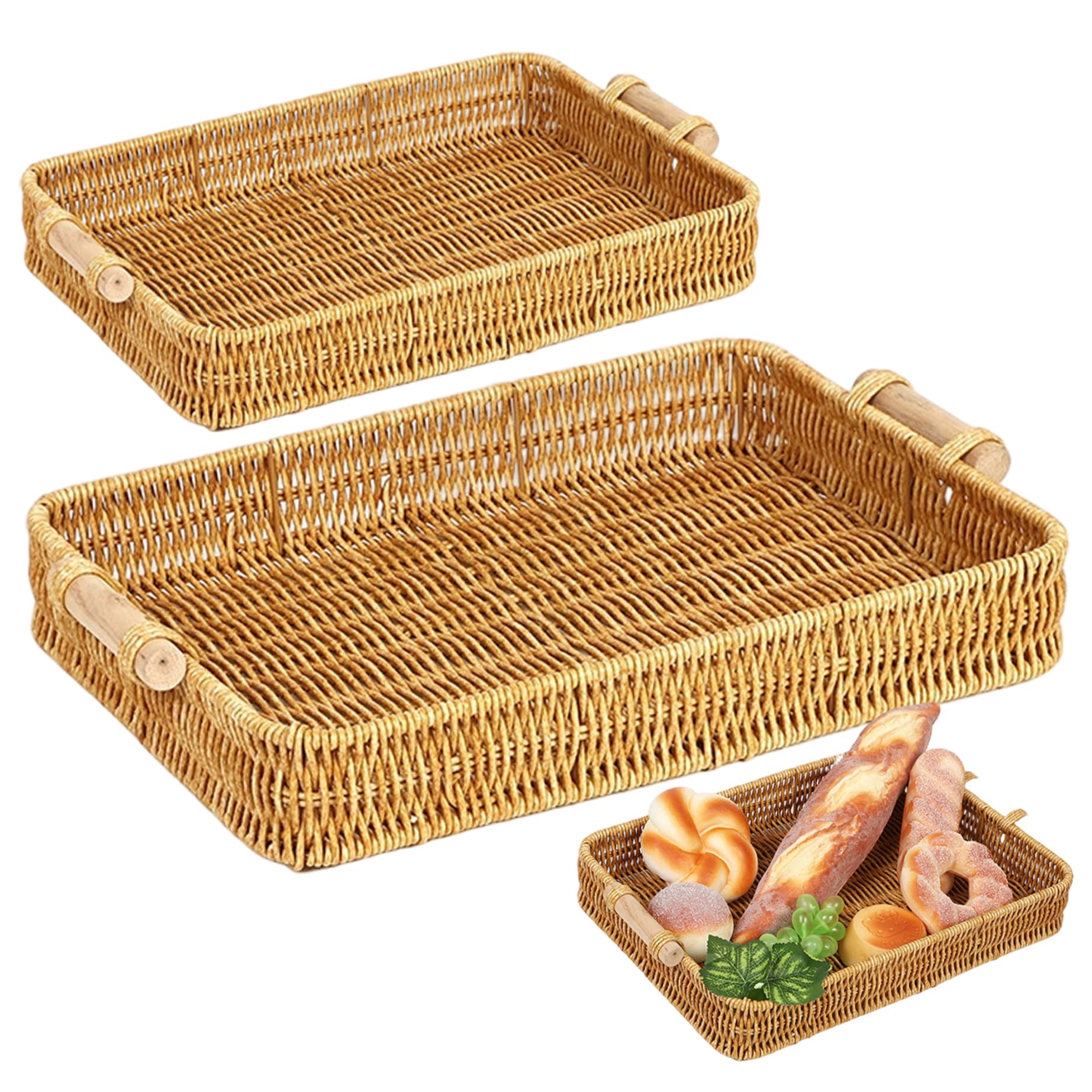 2 bandejas de Mimbre rectangulares con asa de plástico para Mesa de Comedor Mesa de Centro Pan Fruta y Aperitivos.