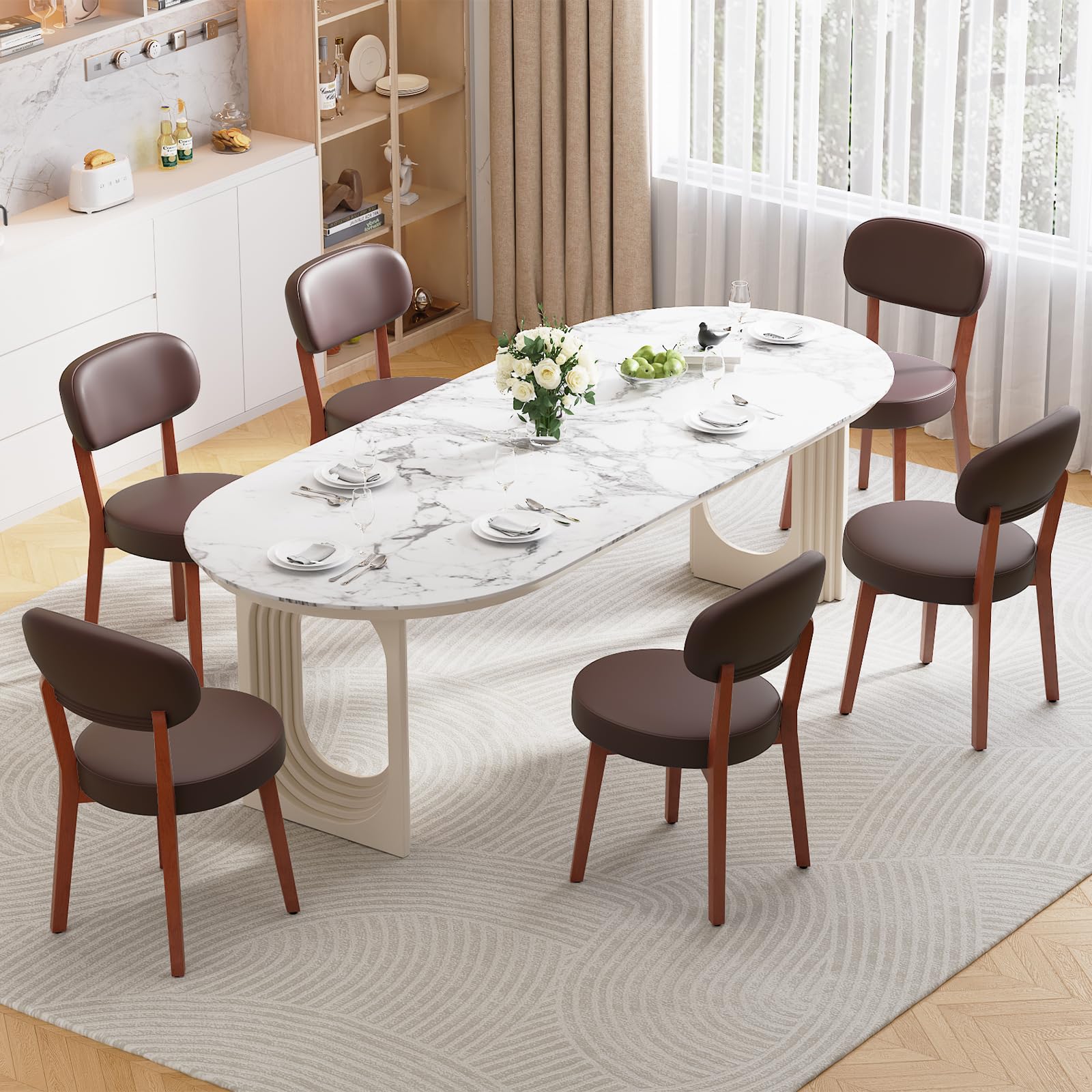 Set di 6 Sedie da Pranzo, Sedie da Cucina in PU, Poltrone da Salotto con Gambe in Legno, Sedia Imbottita Sala da Pranzo per Sala da Pranzo Cucina Soggiorno Camera da Letto, Marrone