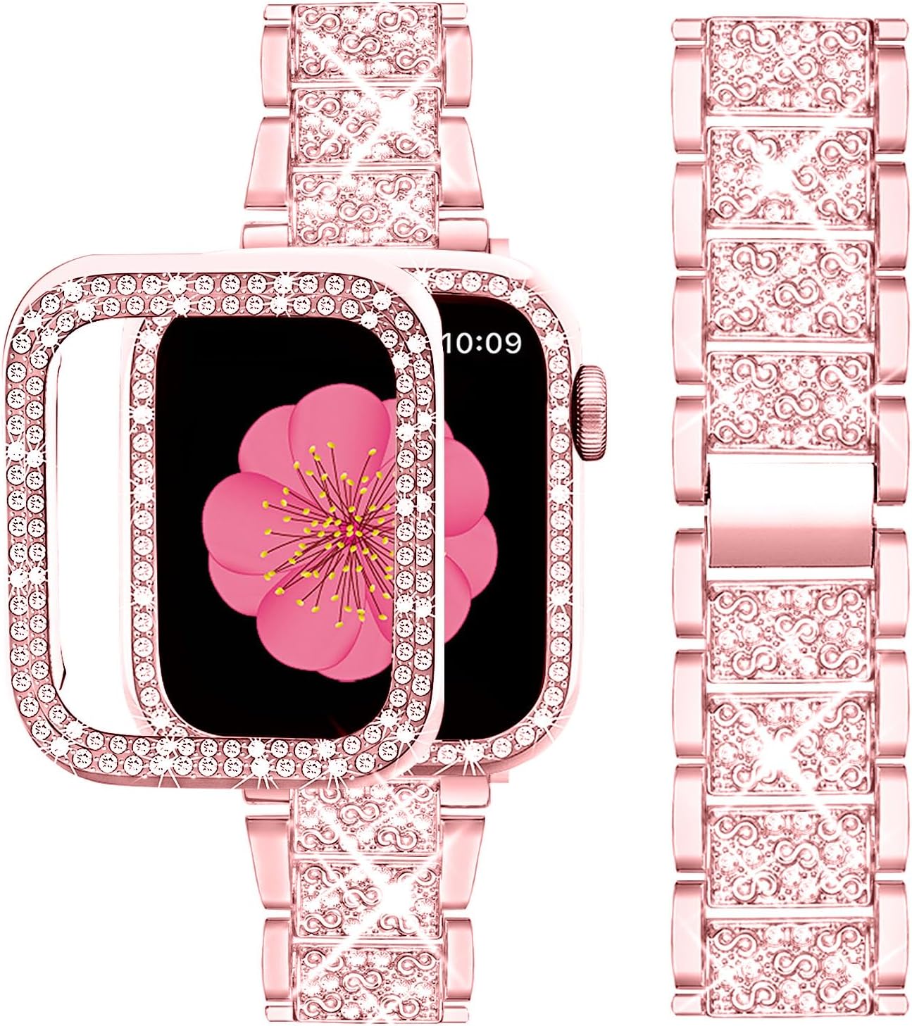 SUPOIX Compatible with Apple Watch Band 45mm + Case, Women Jewelry Bling Diamond Metal Bands & 2 Pack Protective Cover Cases for iWatch Series 9/8/7(Rose Pink) SUPOIX Compatible with Apple Watch Band 45mm + Case, Women Jewelry Bling Diamond Metal Bands & 2 Pack Protective Cover Cases for iWatch Series 9/8/7(Rose Pink)