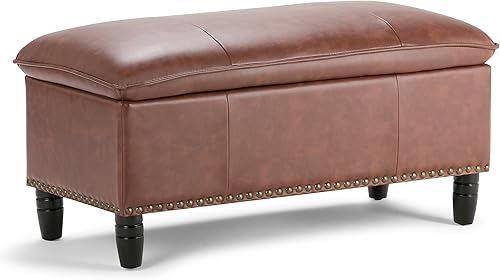 SIMPLIHOME Emily - Otomana rectangular de almacenamiento rectangular de transición de 39 pulgadas de ancho en piel sintética vegana coñac,