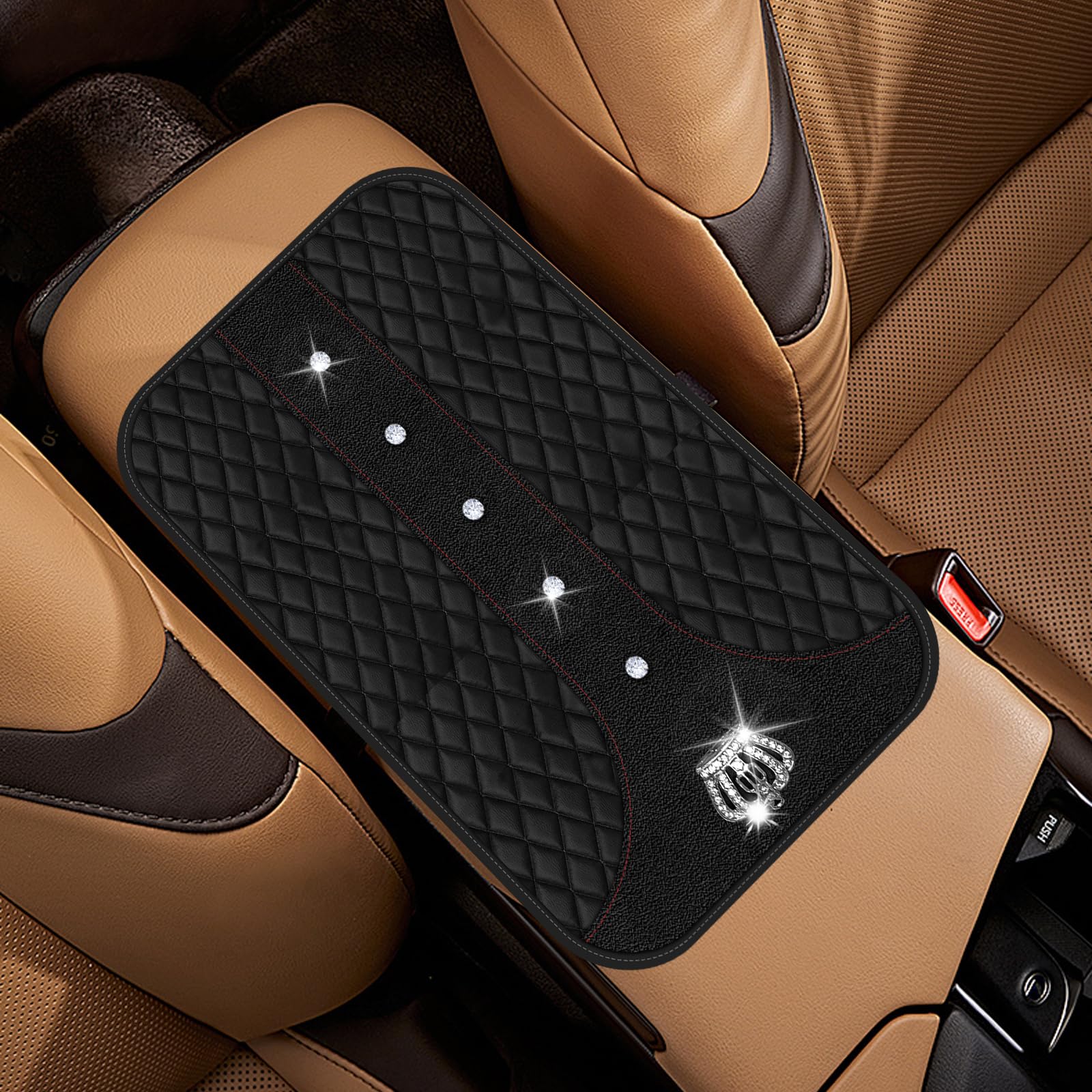 SamWinGear Black Bling Car Console Cover Hot Black Arm Rest Center Console Cushion Pad, Universal Anti-Slip Leather Armrest Box Decor Protector with
