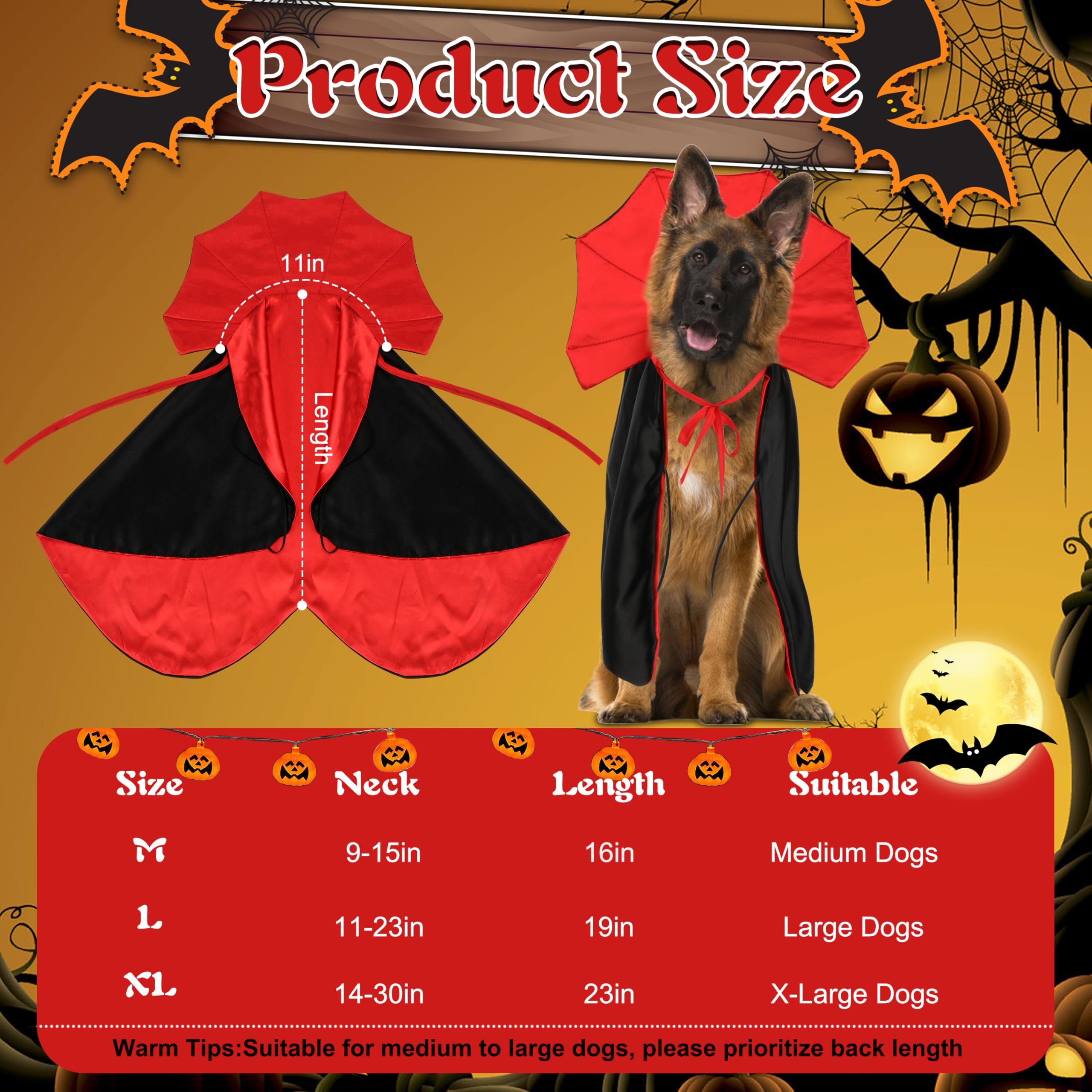 Rypet Large Dog Halloween Costumes Dog Vampire Cloak Costume Dogs Mantle Apparel Pet Clothing Vampire Cape for Medium Large Dogs