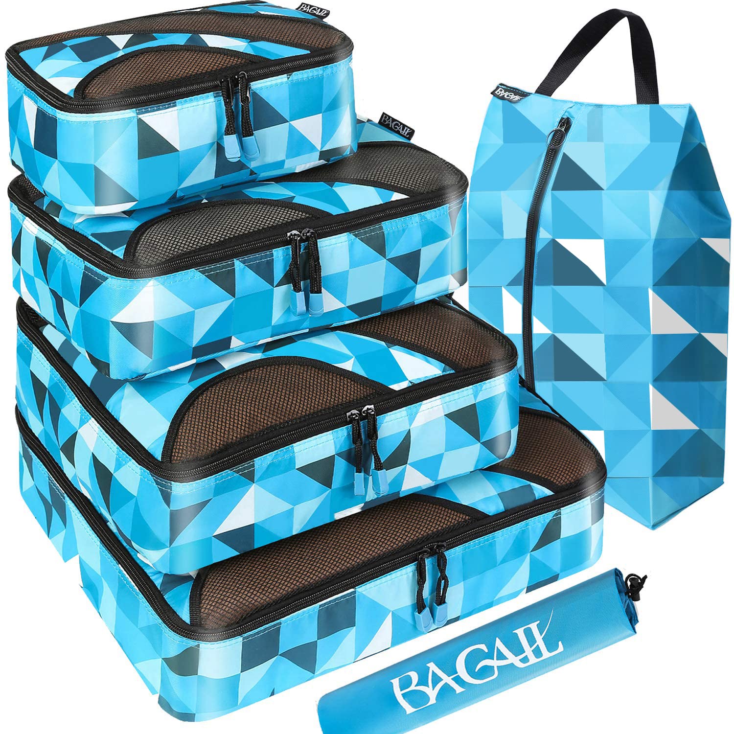 BAGAIL 6 Set Packing Cubes,Travel Luggage Packing Organizers with Laundry Bag(Geomtry Blue)