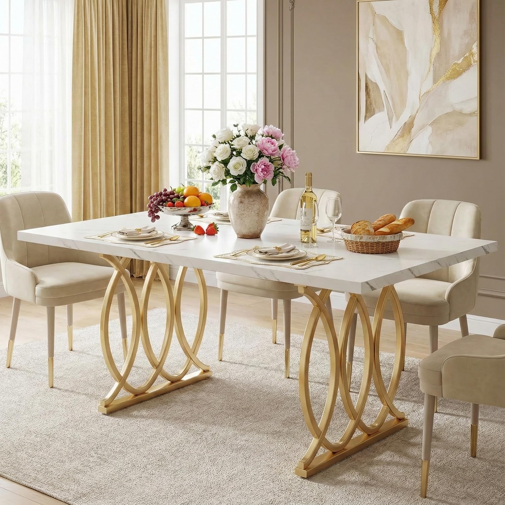 Lailang 160cm Tavolo da Pranzo, Mobili Soggiorno, Angolo Caffe Cucina, Tavolo Effetto Marmo, Tavolo Ufficio Riunioni, 160 x 80 x 75 cm, Bianco e Oro