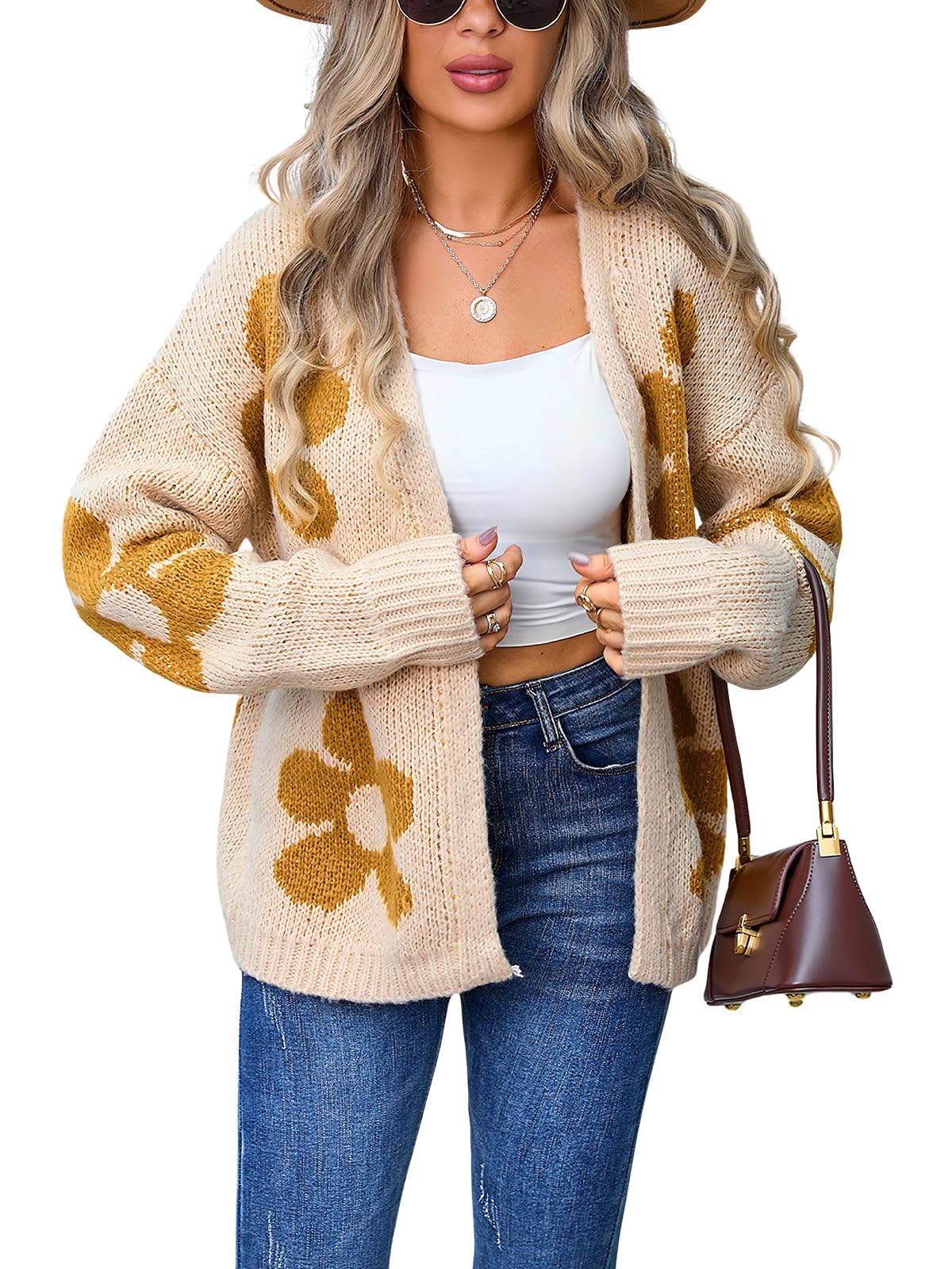 ebossy Womens Cute Embroidery Floral Chunky Knit Cardigans Sweater Open Front Slouchy Loose Fit 2025 Winter Coat