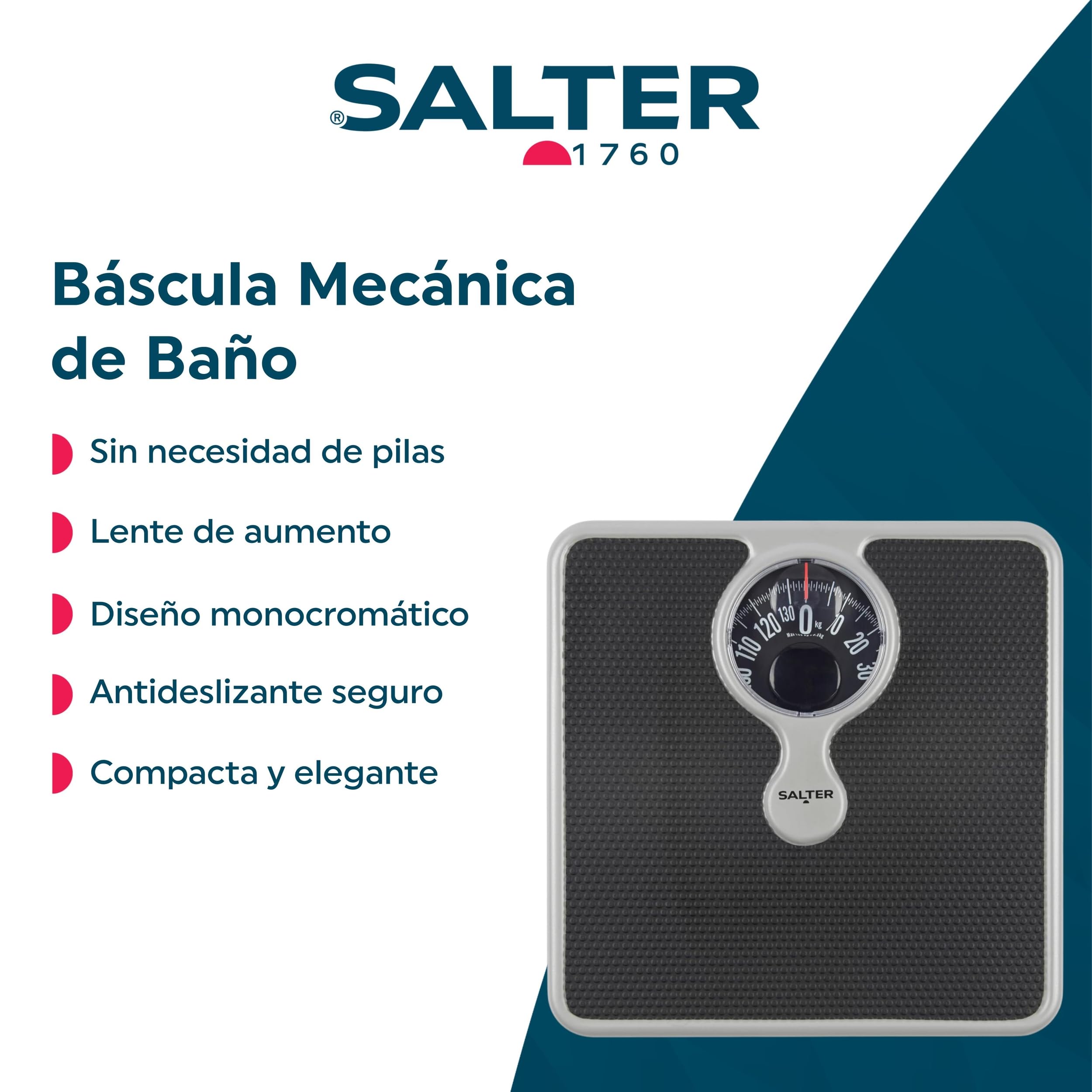Salter 484 SBFEU16 Báscula mecánica de baño con lente de aumento, capacidad máx. de 133 kg, diseño monocromático compacto y elegante, fácil de leer, sin pilas, peso en kg, st y lb, plata/negro