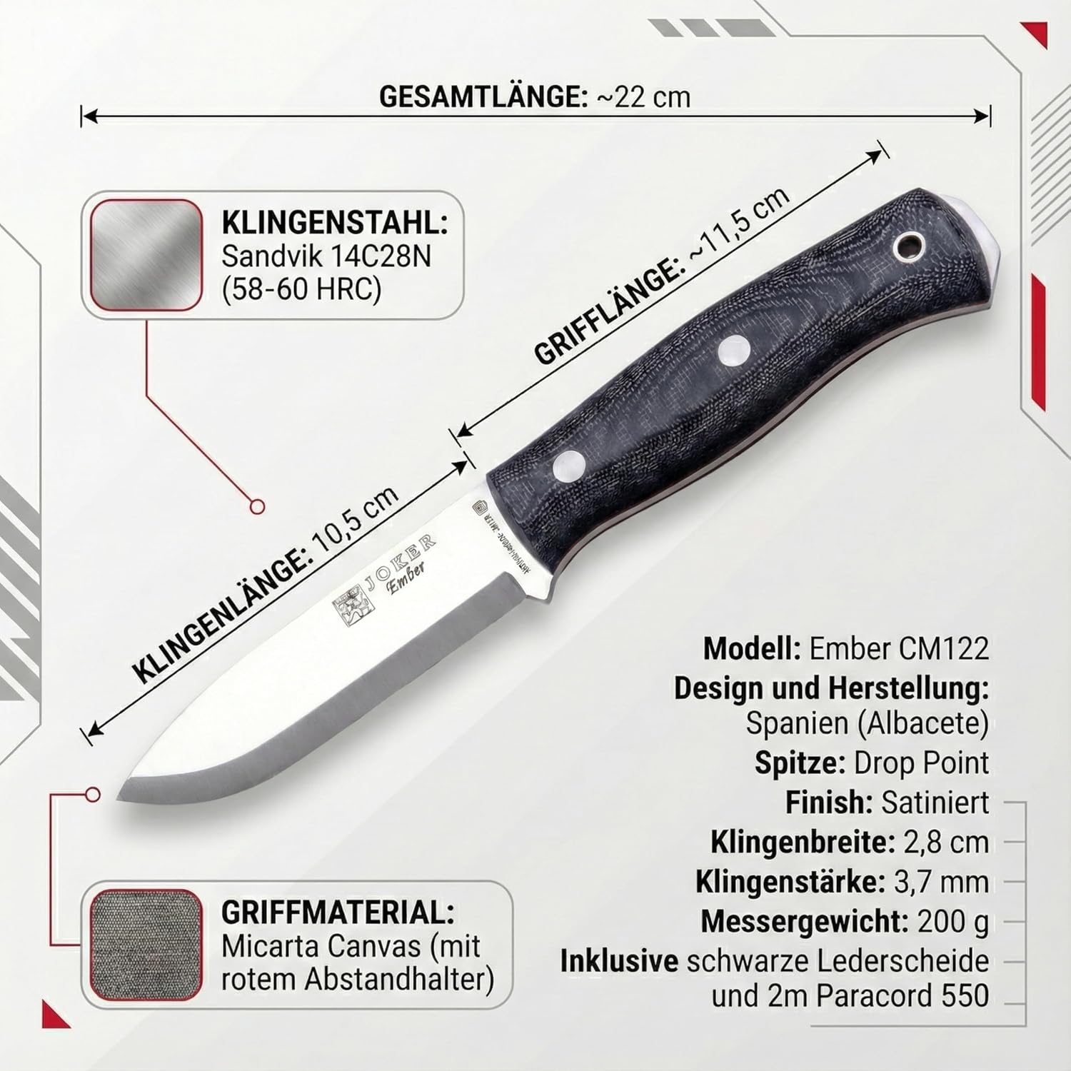 Joker Ember Scandi CM122 Outdoor Tool with Leather Sheath – 4.13" Sandvik 14C28N Steel Blade – Versatile Knife for Fishing, Camping, Hiking and Bushcraft (Micarta Canvas, Leather Sheath)