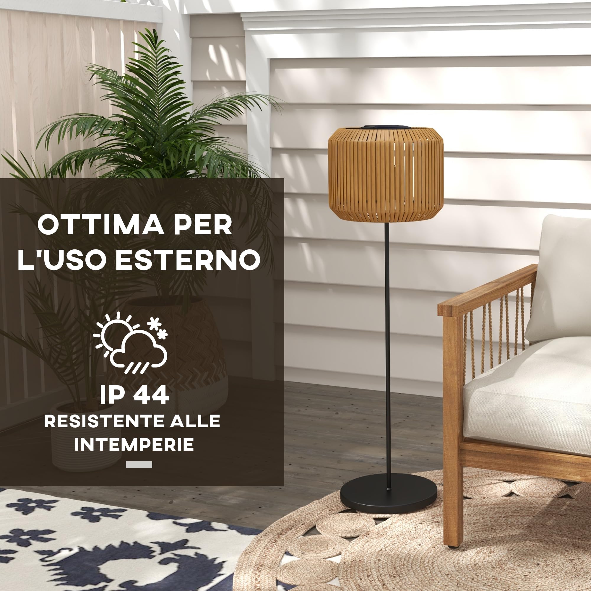 Outsunny Lampada Solare da Giardino con LED a Illuminazione e Accensione Automatica, Lampada da Esterno in Rattan PE e Acciaio, Ø34x130 cm, Giallo