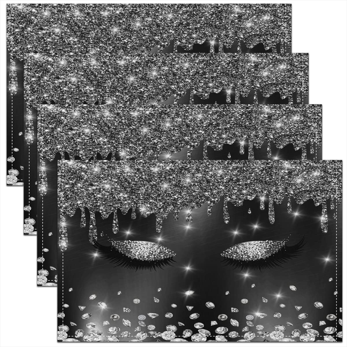 Eyelash Glitter Diamond Placemats Set of 4 45x30cm Modern Simple Lovely Table Place Mats, Black Shiny Bling Placemat for Kitchen Dining Table Indoor Outdoor