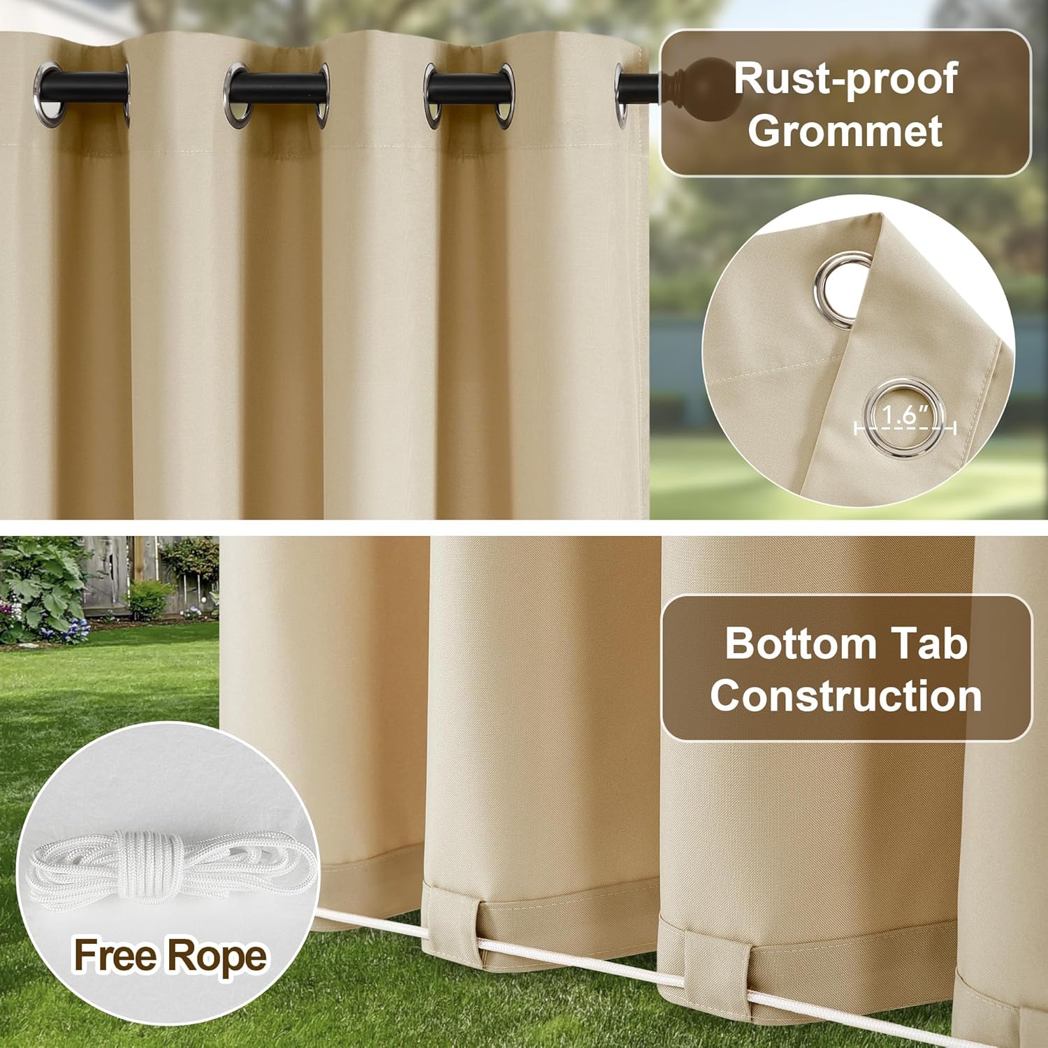 NICETOWN Gazebo Curtains Outdoor Waterproof with Zipper Connects 2 Panels, W110 x L84 in, Patio Curtains Top Grommet & Bottom Back Tab with Rope, Windproof & Privacy Sun Shades for Porch, Taupe
