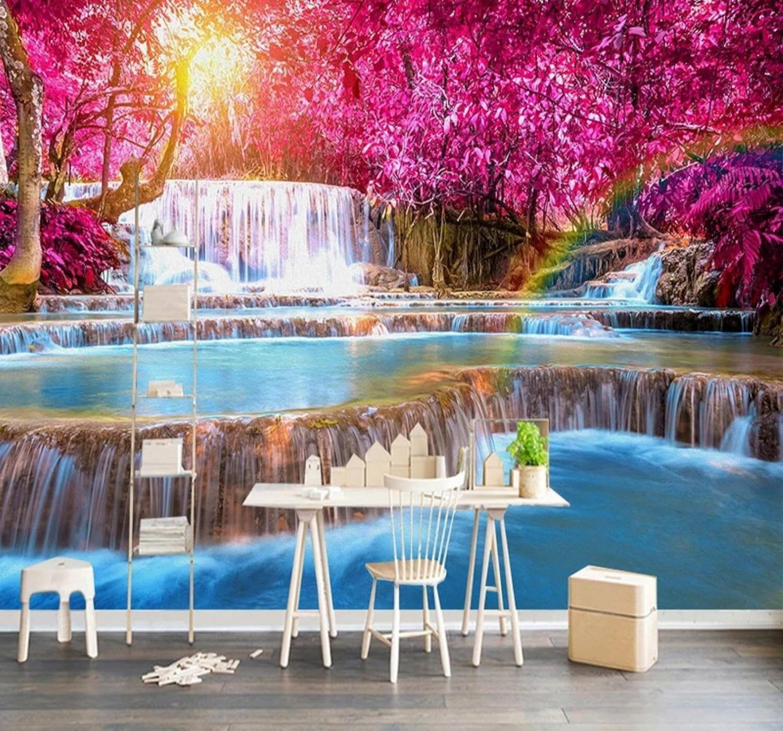 XLMING Beautiful Waterfall Forest Sunlight Natural Landscape 3D Wallpaper Luxury Home Dining Decor Paste Sofa Living Room The Wall for Bedroom Mural-350cm×256cm