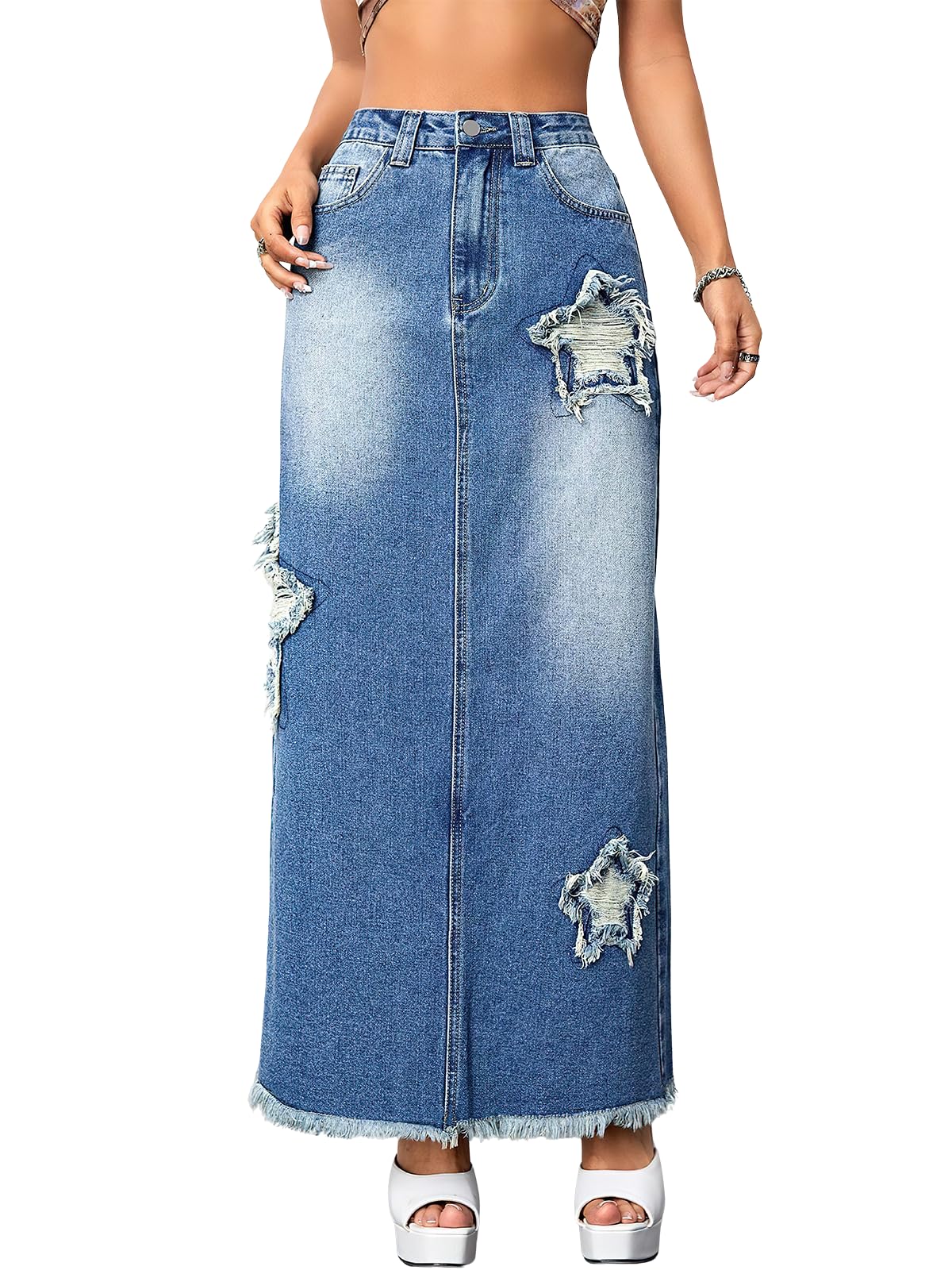 ebossy Womens Distressed Ripped Out Star Pattern Denim Skirt High Waist Back Slit Frayed Raw Maxi Long Jean