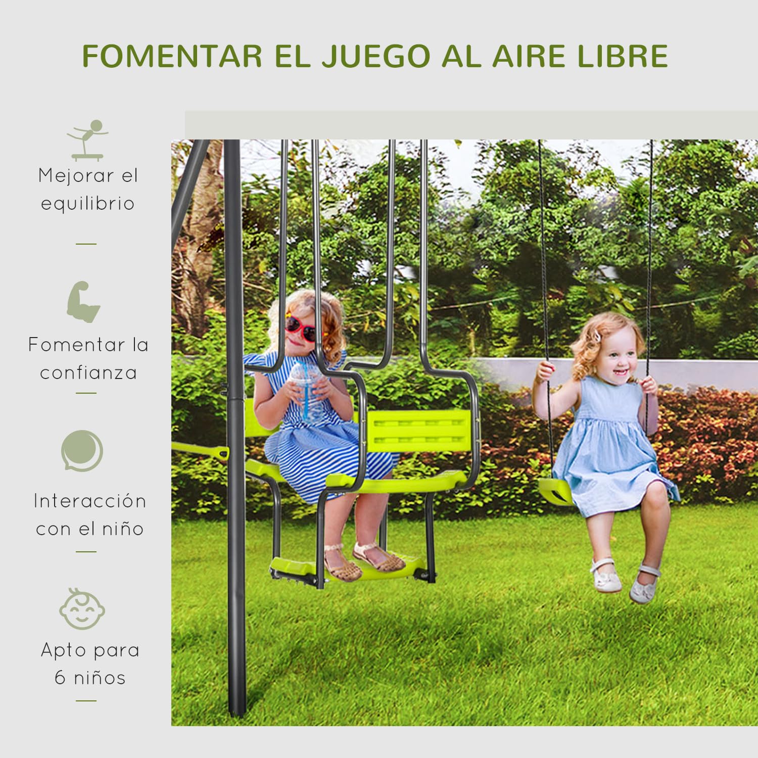 Outsunny Juego de Columpio Infantil Exterior 355x184x186 cm Verde | 2 Columpios, Asientos Abatibles, Balancín, Marco de Acero, para Niños de 3-8 Años, Parque Infantil Exterior